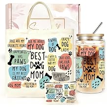DHQH Dog Mom Gifts for Dog Lovers Dogs Themed Birthday Gifts Set for Women with 16oz Glass Cup, Canvas Tote Bag