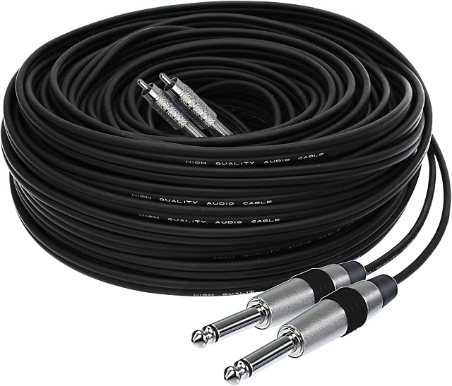 1STec 10m Professional Grade Extra Long Audio Lead with 2 x 6.3mm Jack to 2 x RCA Male Phono Plugs for Stereo or Mono Signal Extension Active Subwoofer Speaker to Mixing Desk Transfer 10 Metre