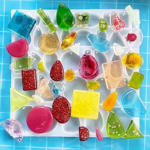 Miniatura 2 de Szecl - Juego de 38 moldes de resina para colgante de joyería de 38 cavidades, molde colgante de silicona con agujero, gema de cabujón redondo,