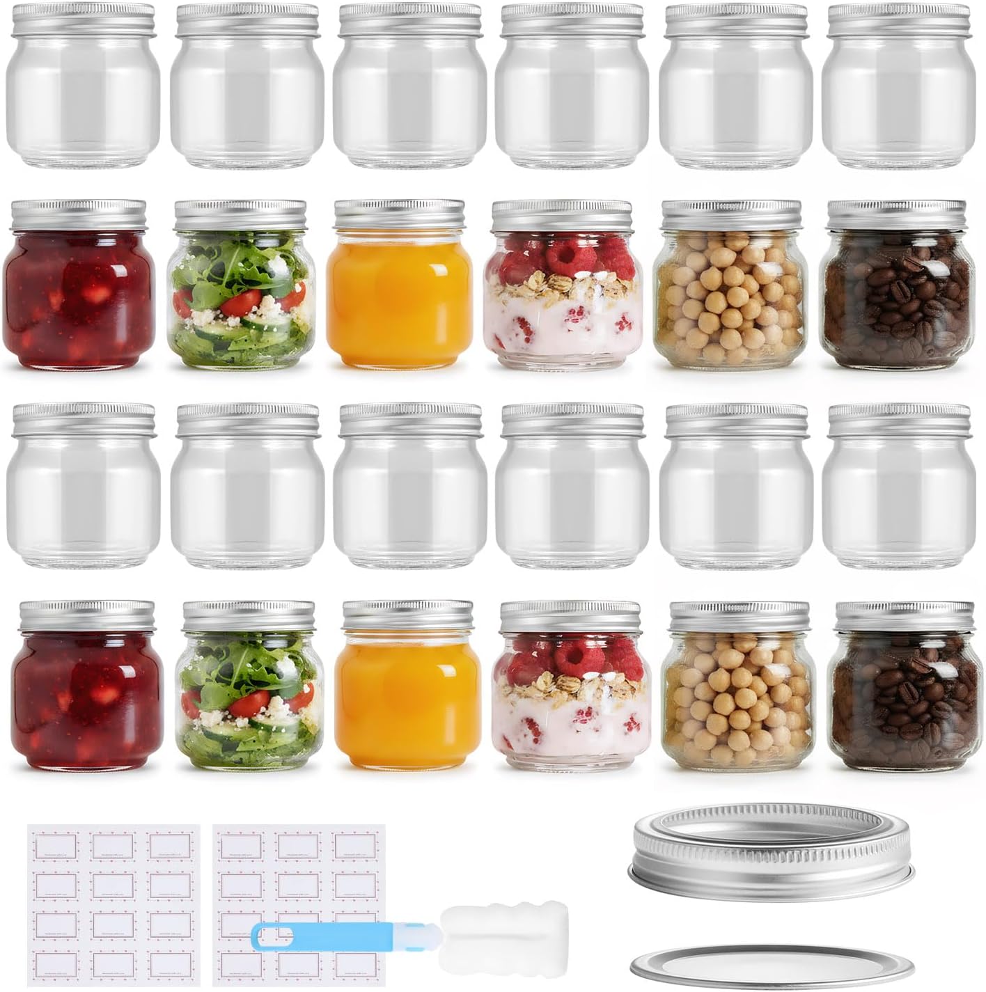 Artist Hand 24er Set Einmachgl ser 250 ml mit zweiteiligem Schraubdeckel Kleine Marmeladengl ser mit Etiketten und Reinigungsb rste Gl ser f r Marmelade Honig Dessert Gew rze und Vorr te