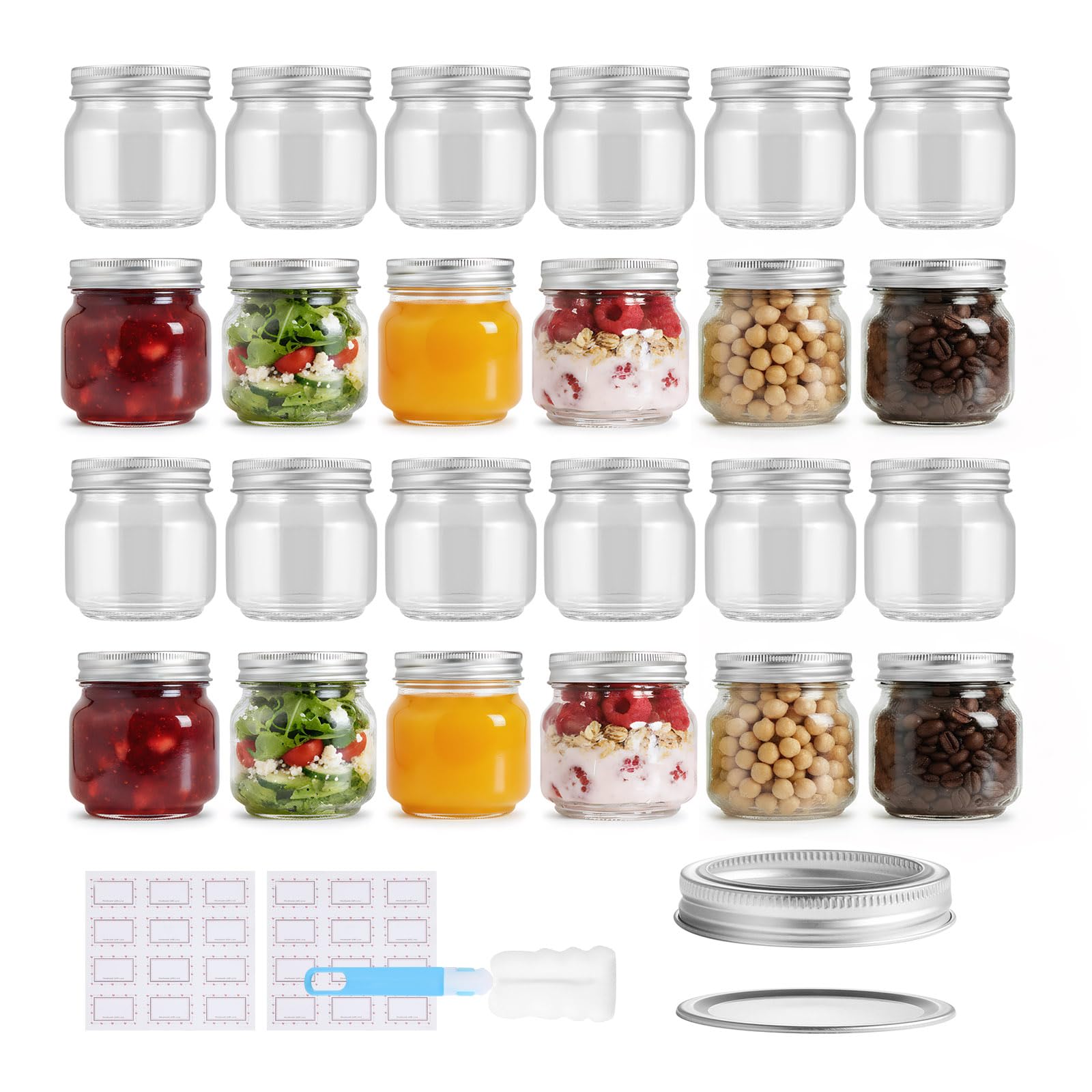 Glass Mason Jars 24 Pack 250ml/8oz with Airtight Lids, Round Mouth Canning Jars, Clear Glass Jam Jars for Overnight Oats, Pickling, Food Storage, DIY Projects, with Cleaning Brush & Sticker Labels