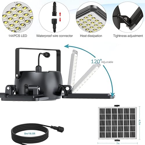 Vista 12 de Luz solar para cobertizo, luz colgante con sensor de movimiento solar para interiores y exteriores, 144 LED, 1200 lúmenes, trabajo diurno con 5