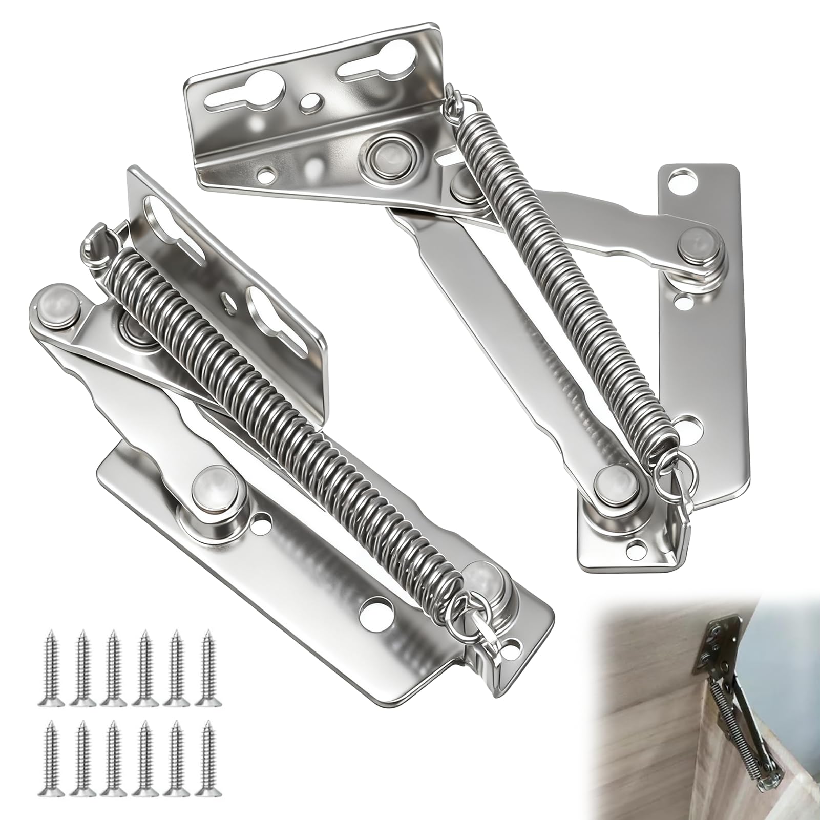 2Pcs Hinges for Cupboard Doors, Lift Up Flap Top Hinge 80 Degree Cabinet Hinges with 12 Screws, Heavy Duty Steel Spring Hinge Folding Lift Up for Door, Kitchen Cupboard, Cabinet, Wardrobe, Furniture