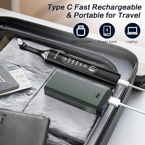 Miniatura 8 de Pulidor de dientes, kit de blanqueamiento dental recargable para limpieza y blanqueamiento de dientes, con 8 cabezales de cepillo, luz LED, 5 modos