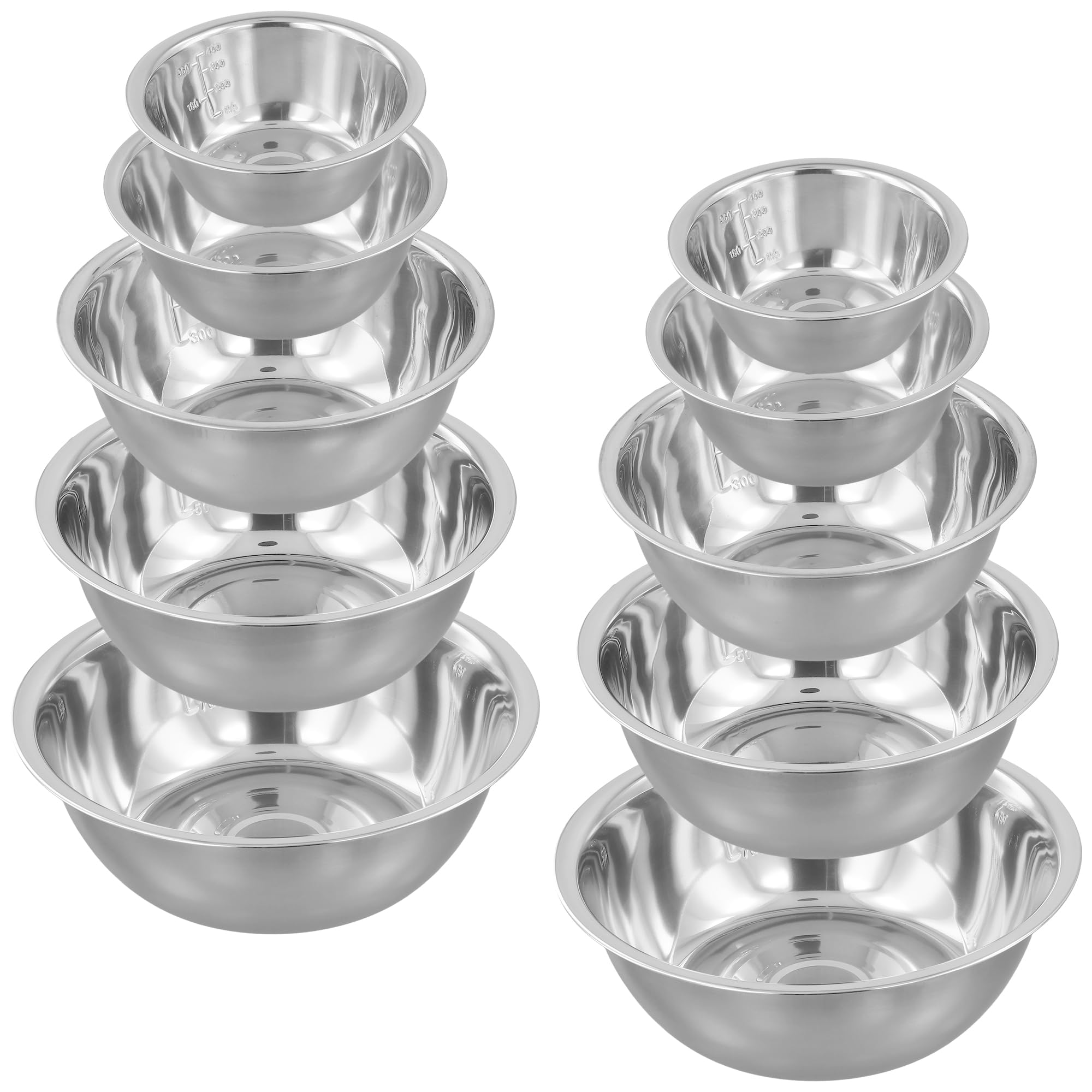 Set di 10 ciotole in acciaio inox in 5 misure, insalatiere, ciotole impilabili in metallo per cucina, insalata, cottura, 0,6 l, 0,9 l, 1,6 l, 2 l, 2,6 l