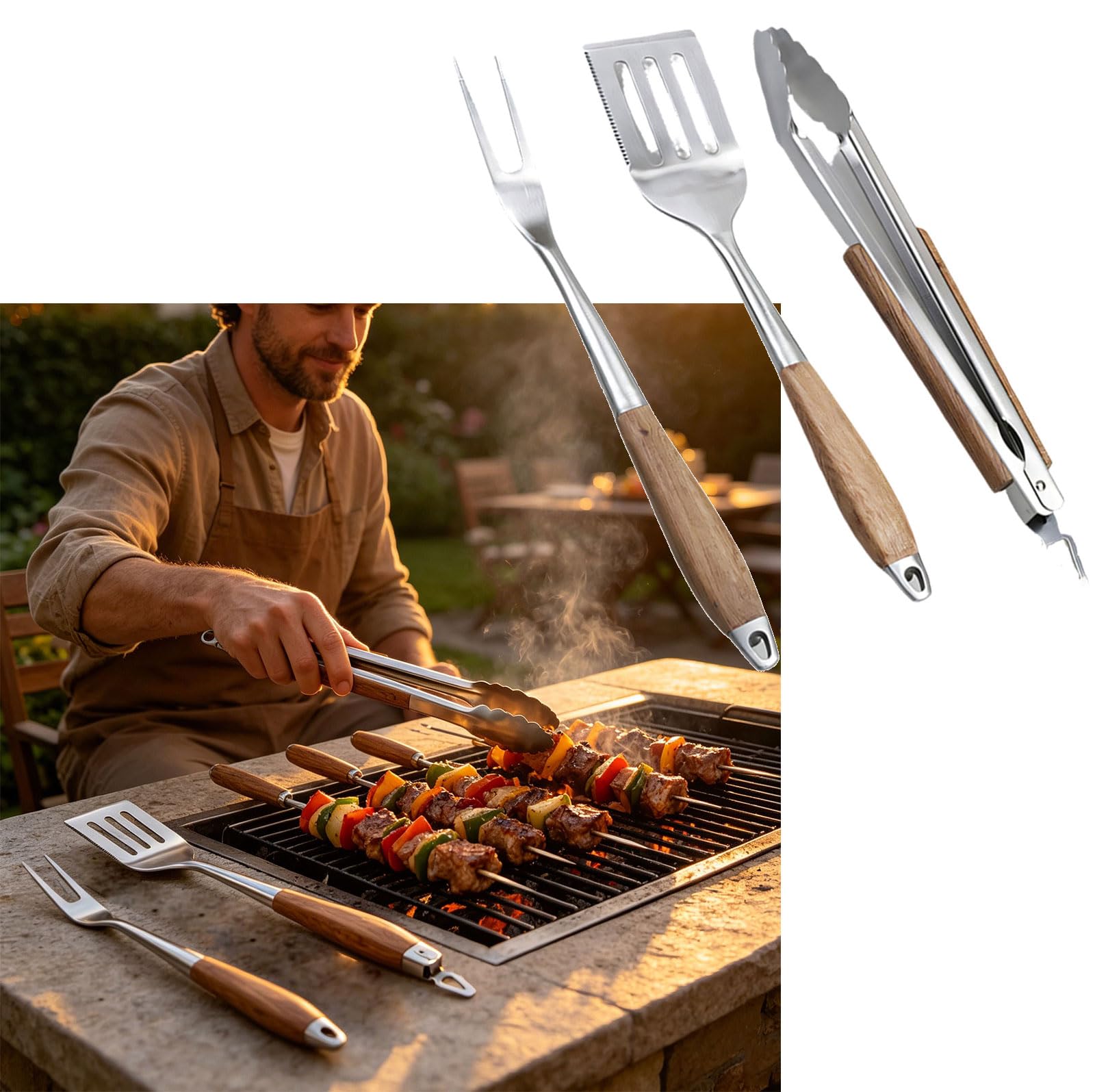 Barbecue Grillbesteck Set, Grillbesteck aus Edelstahl mit Holzgriffen, Kochbesteck mit langem Grillen Freien, Grillbesteck Set aus Edelstahl, Grillbesteck aus Holz