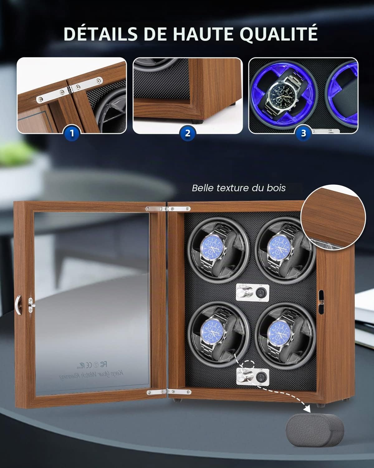 Mxmoonant Remontoir Automatique pour 4 Montres en Bois et Cuir 5 Modes de Rotation avec Moteur Silencieux alimenté par USB avec lumière LED pour Montres automatiques Stockage
