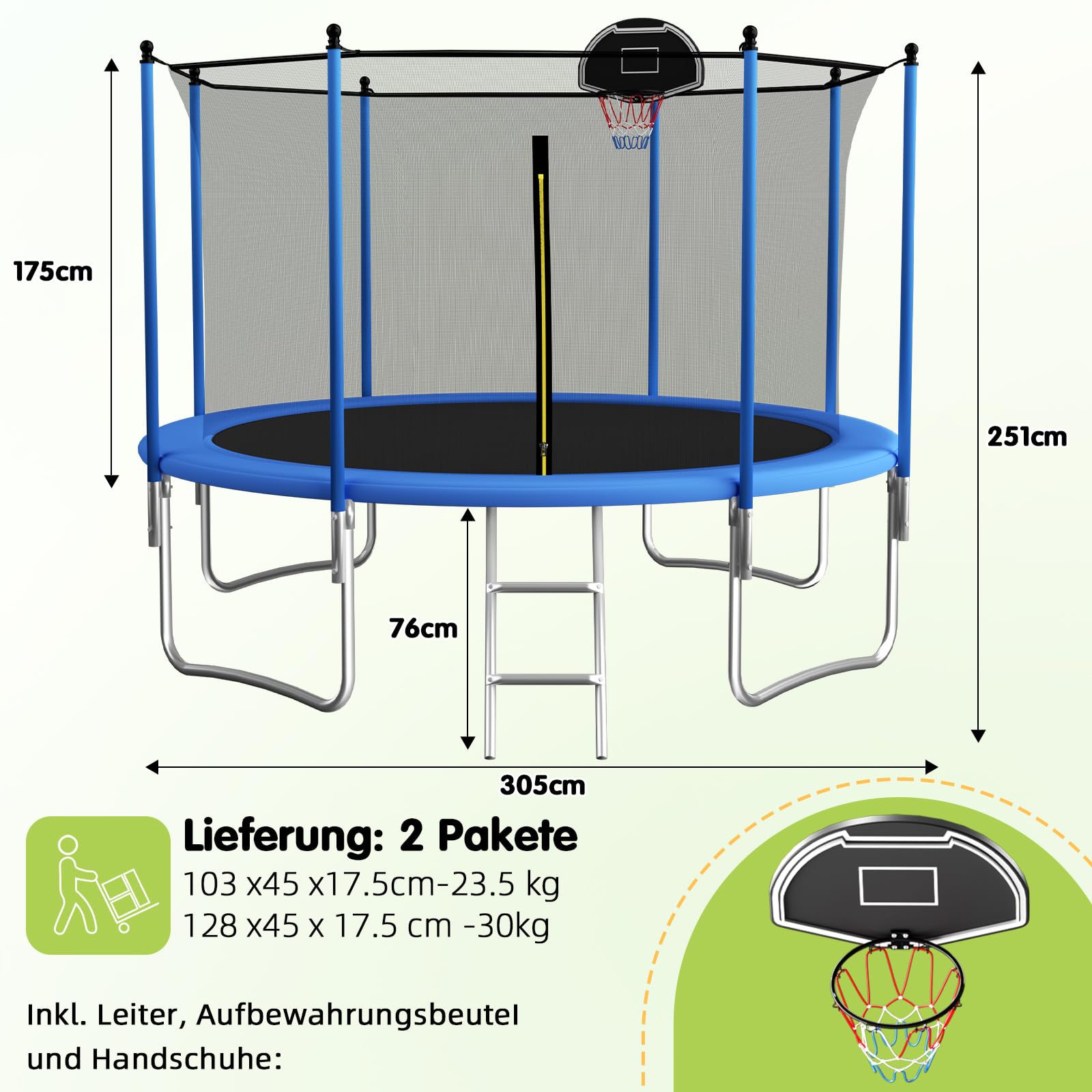 Trampolina zewnętrzna 305 cm dla ogrodu, okrągła trampolina z siatką bezpieczeństwa, wbudowaną tablicą koszykówki i drabinką, stabilna konstrukcja dla dzieci i młodzieży