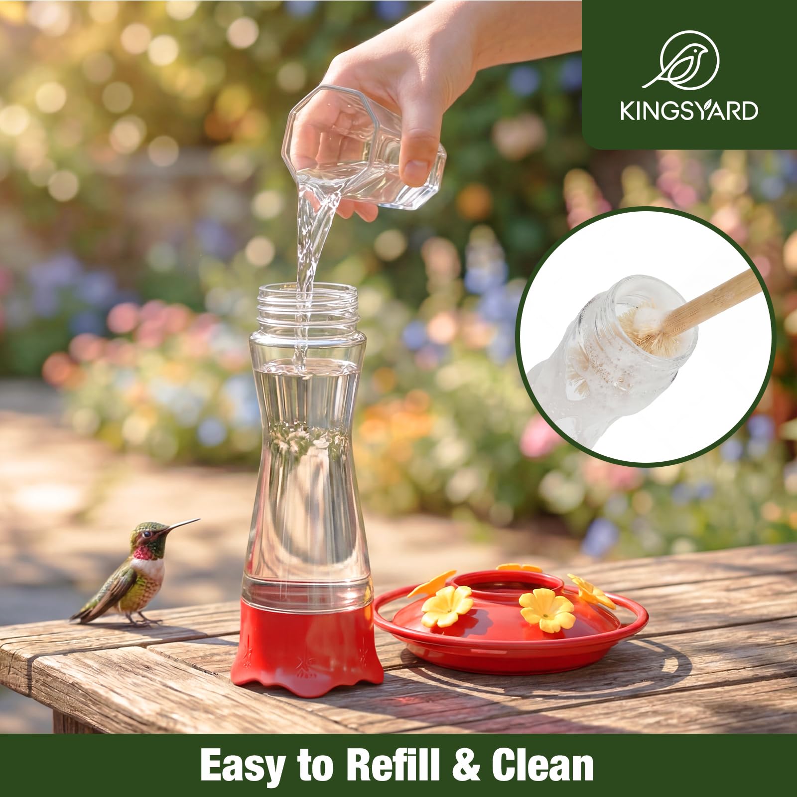 Kingsyard Glass Hummingbird Feeder for Outdoors Hanging, 10 oz Leak-Proof Humming Bird Feeders with Ant Moat & Bee Proof Feeding Ports, Hummingbird Gift for Bird Lovers (Clear) - 5