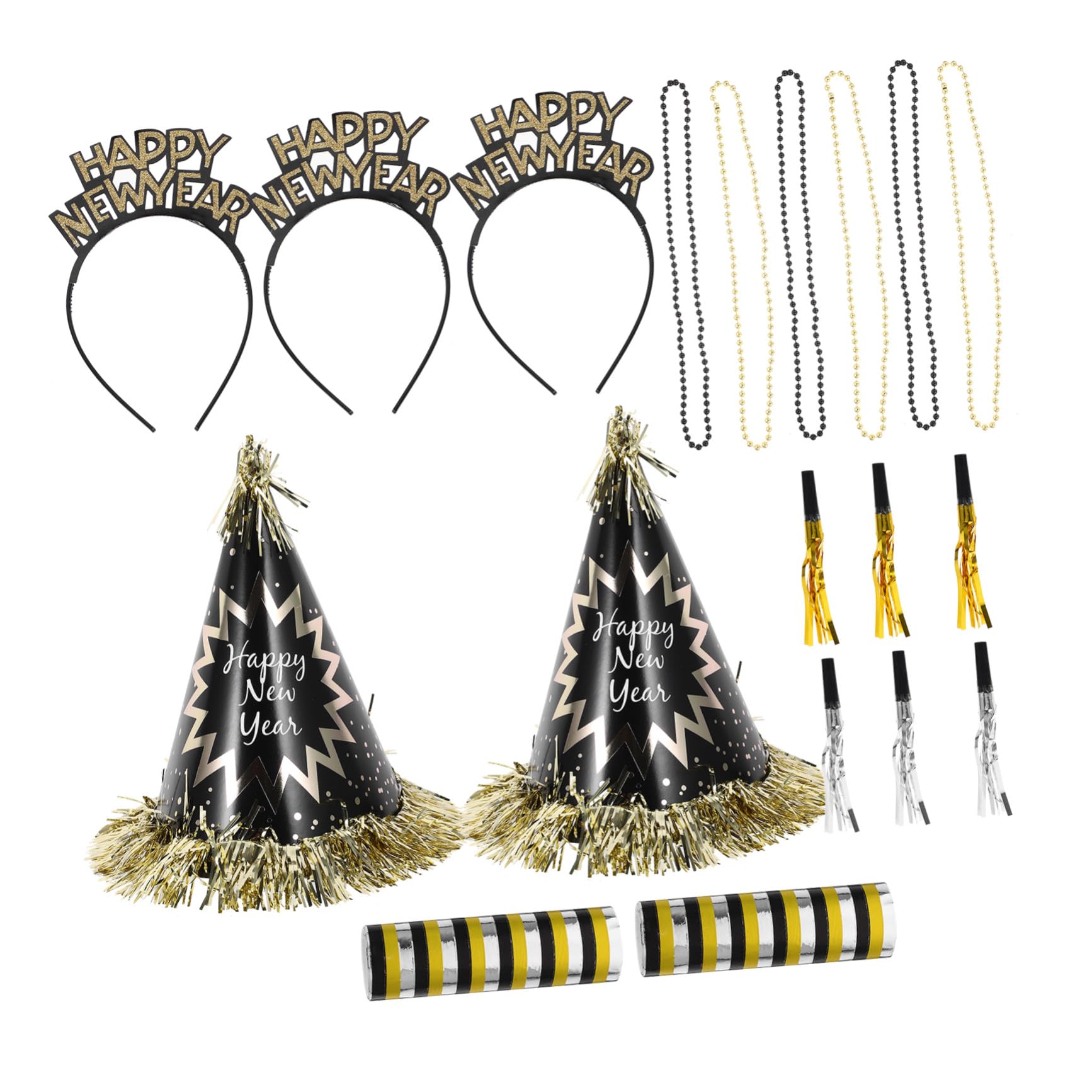 OFFSCH Neujahrs-partyset Schwarz-gold mit Sicheren Materialien Inklusive Papierhüte Stirnbänder Krachmacher und Halsketten Vielseitige Silvester Tischdeko für Jahreswechsel