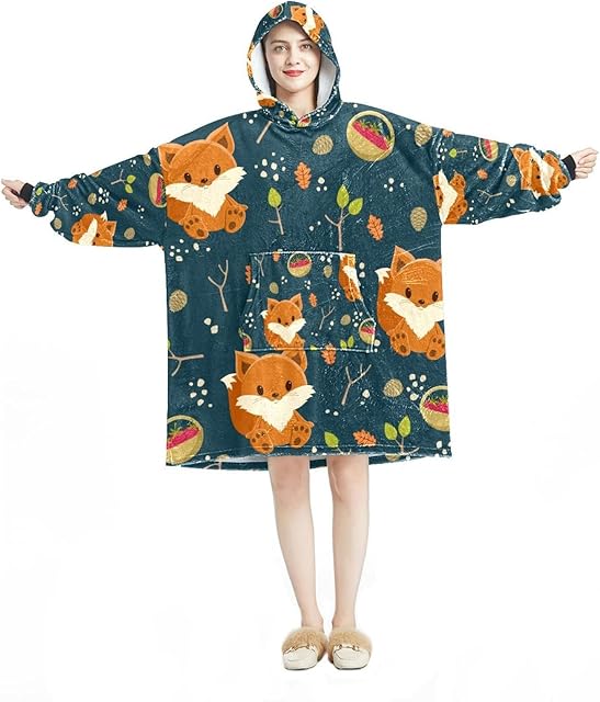 Eslifey Oversized Hoodie Blanket Sweatshirt, Sherpa Flannel Wearable Blanket Hoodies with Pocket for Adults Men Women, Cute Fox