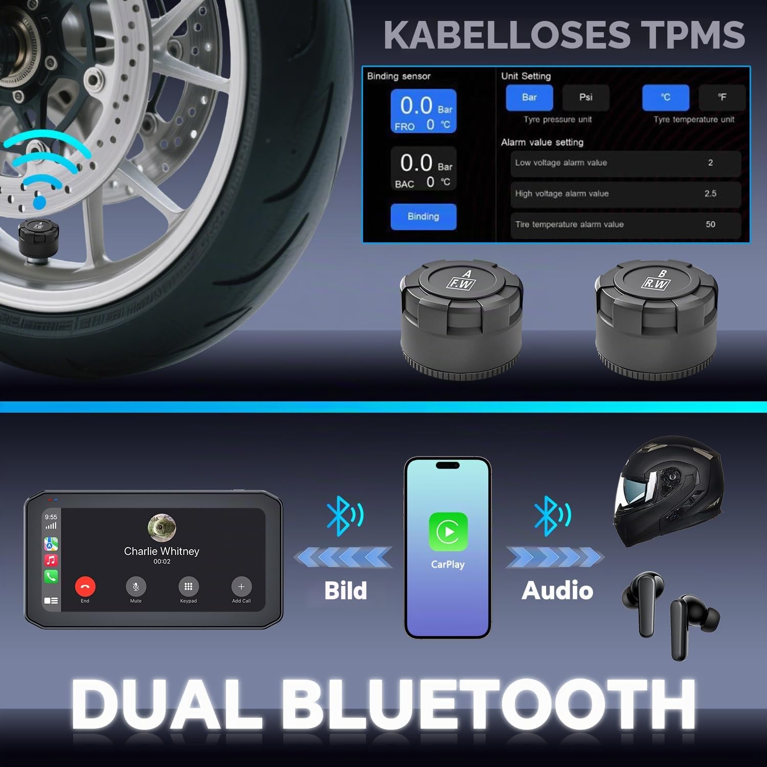 2K Dashcam Motorrad mit CarPlay Android Auto Navi, IP67 Motorrad Kamera vorne und hinten, 6,25" 1000nit Touchscreen mit GPS, TPMS, Fernbedienung, inkl. 64GB TF-Karte