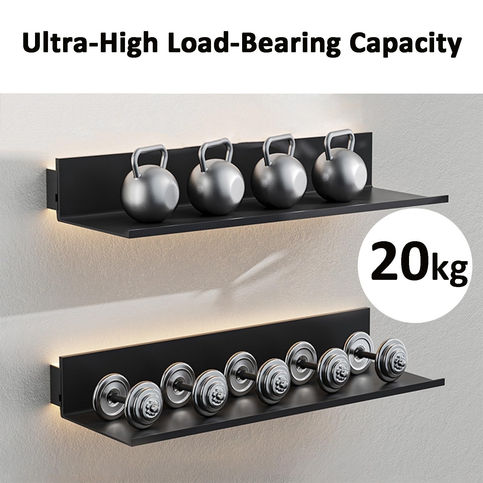BVCL Mensola Da Parete Sospesa In Metallo Con LED | Scaffale Galleggiante Illuminato Per Soggiorno Camera Da Letto Bagno, Design Moderno(Black,80 cm)
