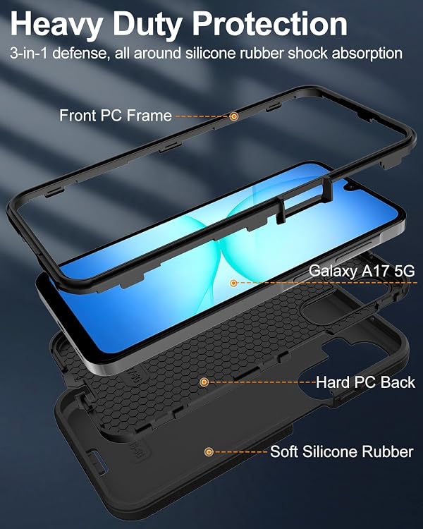 Aliruke for Samsung Galaxy A17 5G Case, 3-Layer 16ft Drop Protection, with Dustproof Port Cover, Full-Body Non-Slip Shockproof, Rugged Heavy Duty Phone Case, Black by Aliruke - Image 3