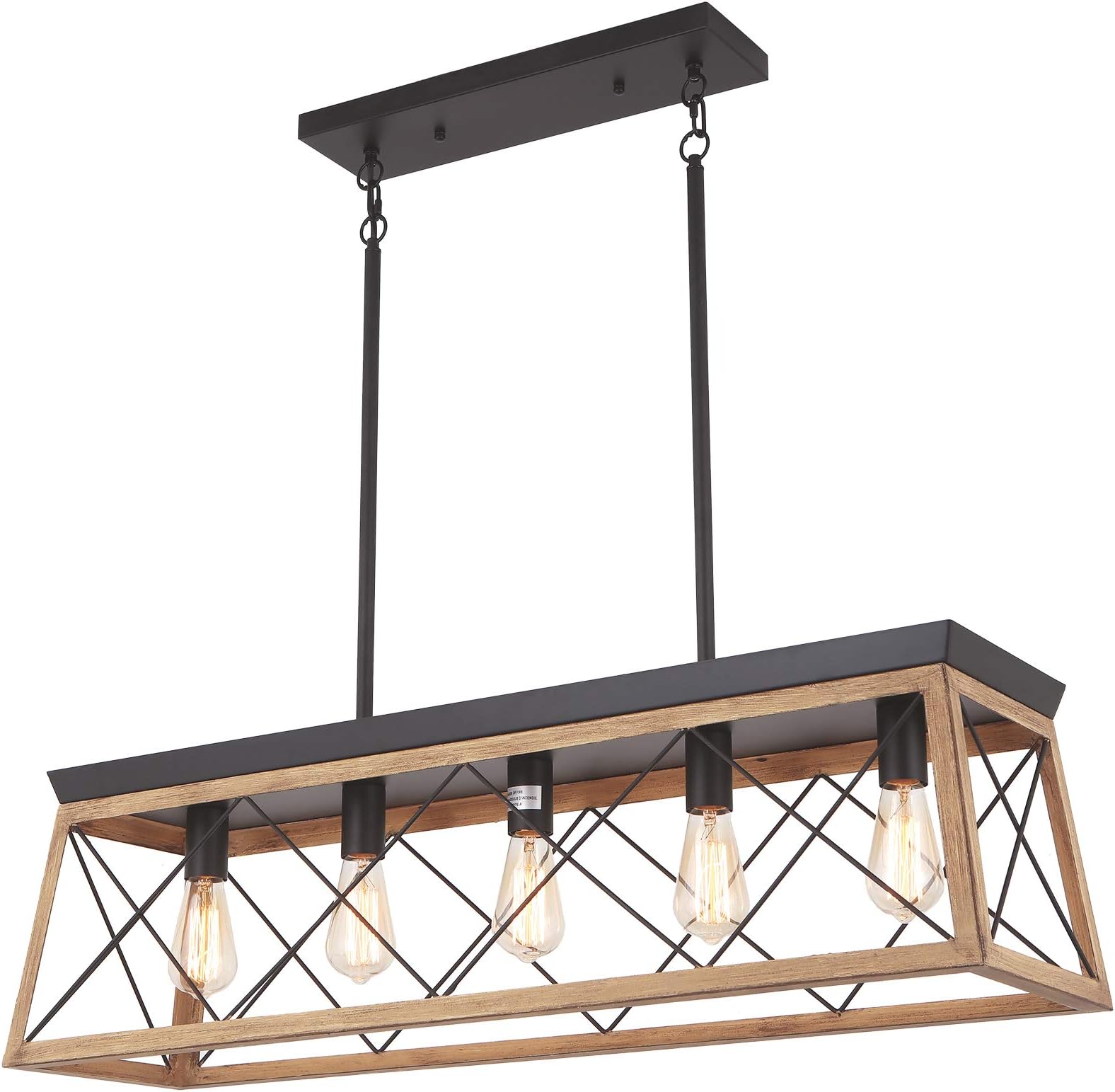 Merbotin Farmhouse Kitchen Island Light, 5-Light Distressed Wood Finish Rustic Dining Table Chandelier Ceiling Light Hanging for Dining Room, Kitchen Island - Grain Brown Wood Finished