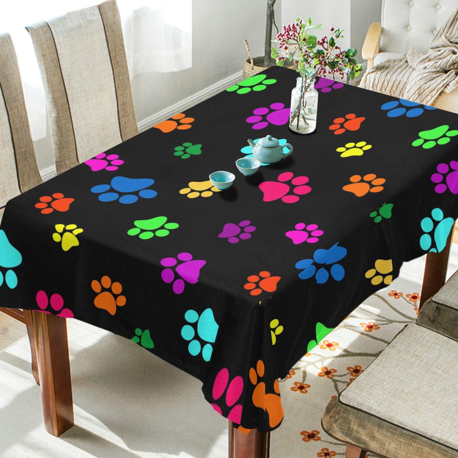 YVONAU Mantel rectangular con estampado de huellas de animales de perro, gato, 137 x 137 cm, resistente a las arrugas, tela decorativa a prueba de manchas, para cocina, comedor, fiesta, camping