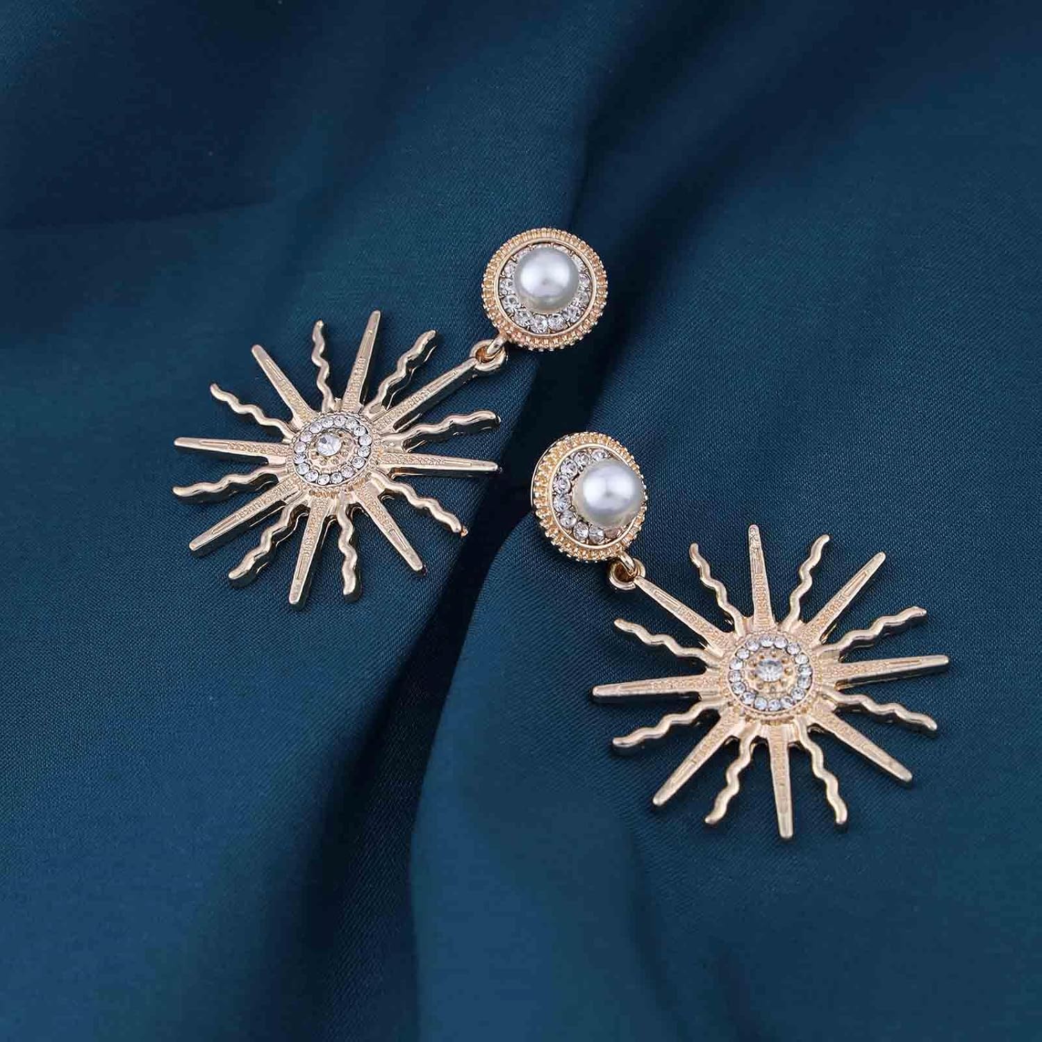 Boho Crystal Sunburst Drop Earrings Gold Cz Sun Earrings Vintage Pearl Stud Earrings Exaggerate Pearl Starburst Earrings Jewelry for Women - Image 7