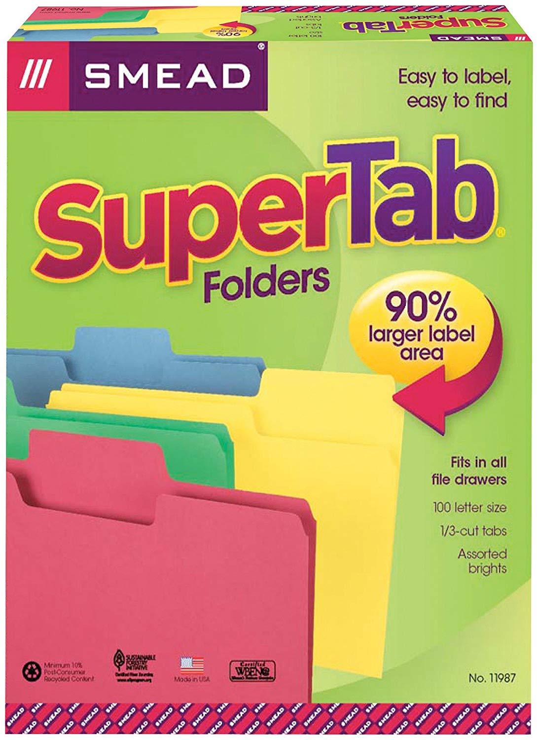 Smead SuperTab File Folder, Oversized 1/3-Cut Tab, Letter Size, Assorted Colors, 100 per Box (11987), 2 Pack