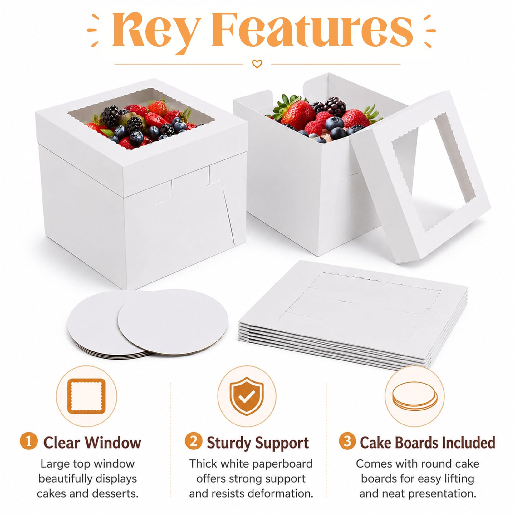 10 cajas de cartón para tartas de 30 x 30 x 20 cm con ventana y tablas redondas para tartas, cajas de cartón para tartas, para cumpleaños, fiestas, bodas (30 cm)