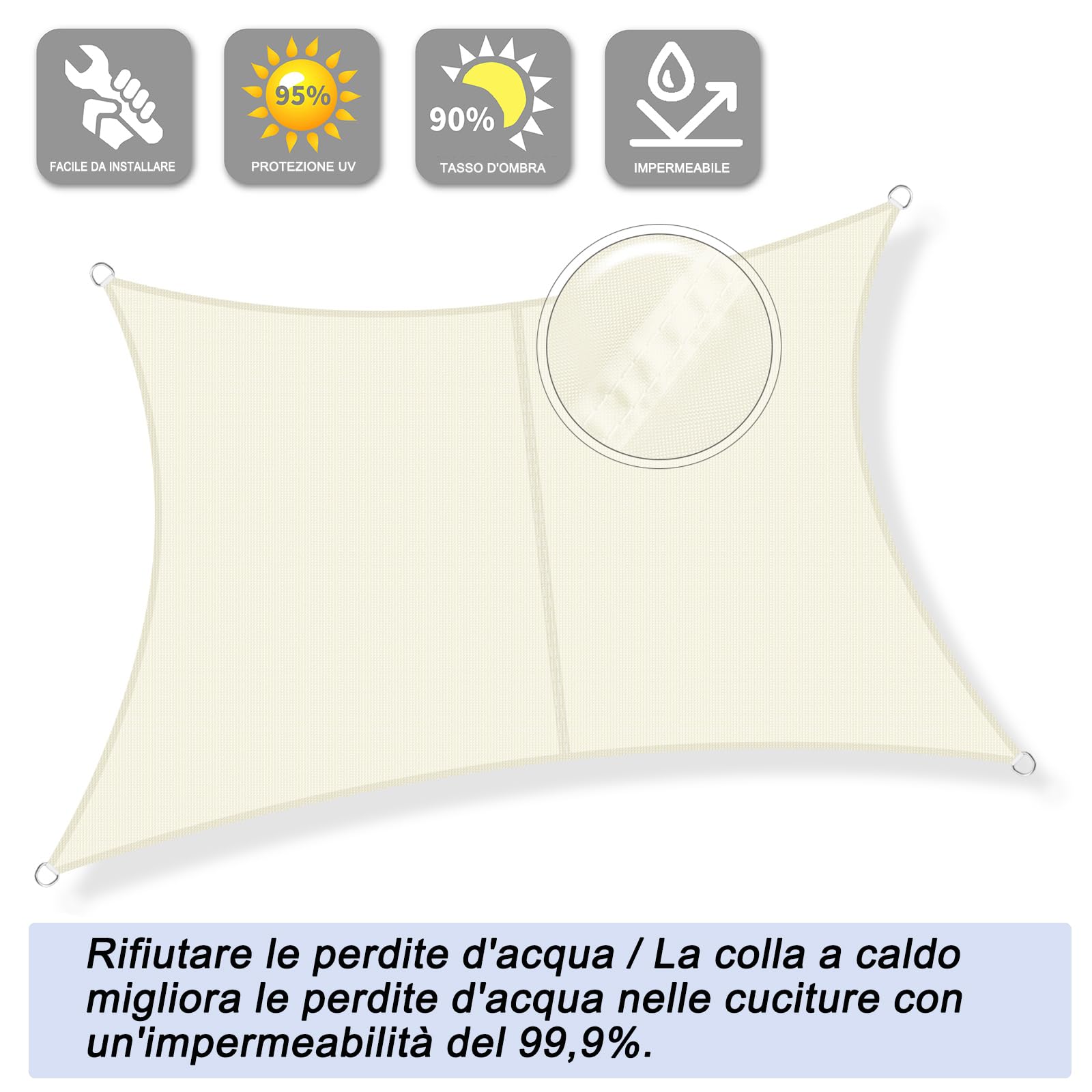 Sunnylaxx Tenda a Vela Rettangolare per Giardino-4x4m,Crema-420D Oxford Vela Ombreggiante Resistente agli UV - Protezione Solare per Patio, Piscina e Terrazza
