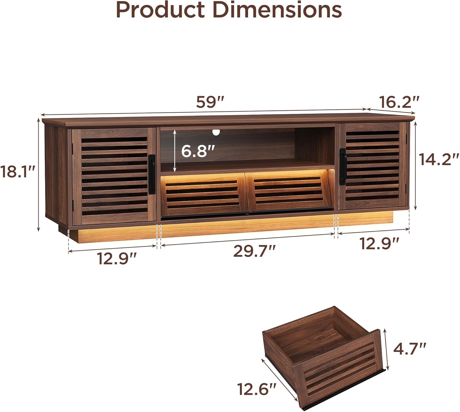 Maupvit Mid Century Modern TV Stand with LED Light for 50/55/60 inch TV, Retro Entertainment Center with Storage Cabinet & Slatted Doors & Grille Drawers, TV Media Console for Living Room, Bedroom