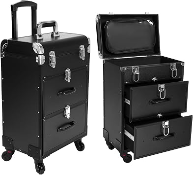 Rolling Makeup Case for Storage of Cosmetics Nail Tools Ideal with 40 Compartments 2 Drawers Telescopic Handle 4 Silent Wheels Holds 110.23 LBS Black for Hairstylists Groomers Makeup Artists