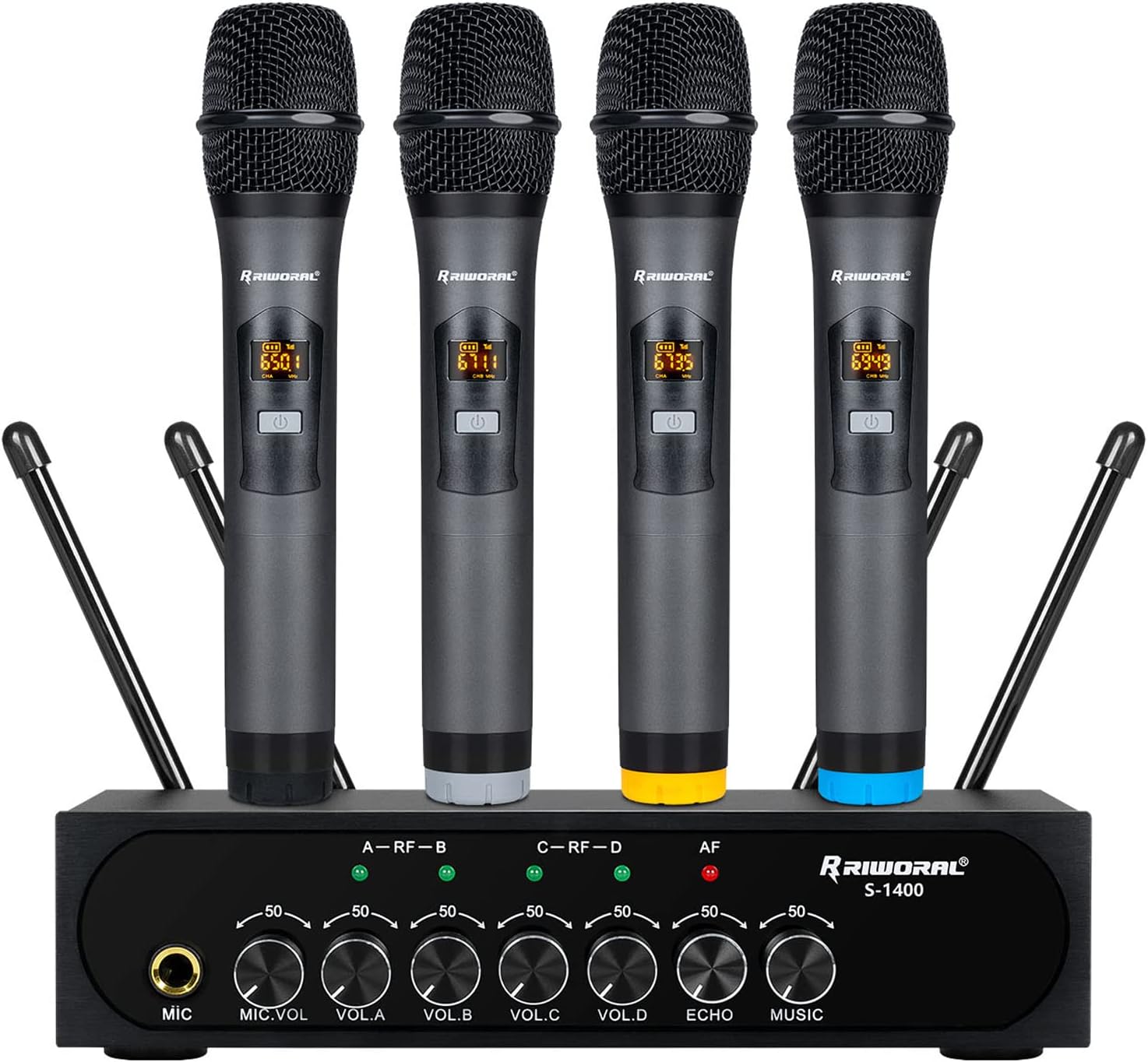 Riworal Sistema de micrófono inalámbrico Karaoke de 4 canales UHF