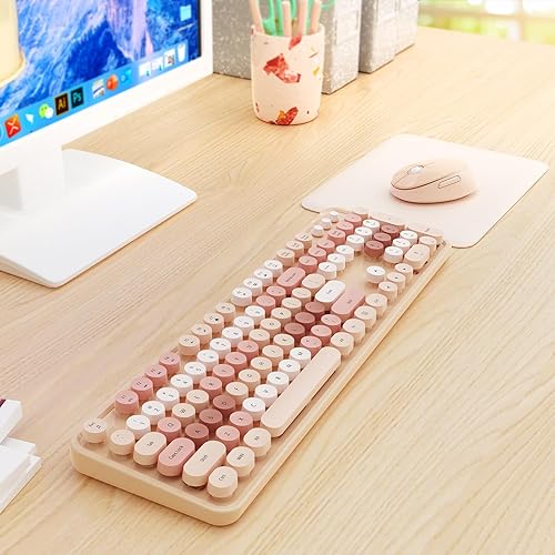 Miniatura 8 de HotFox Combo de teclado y mouse inalámbricos, teclado retro de tamaño completo con teclas redondas, diseño ergonómico para PC con Windows, uso