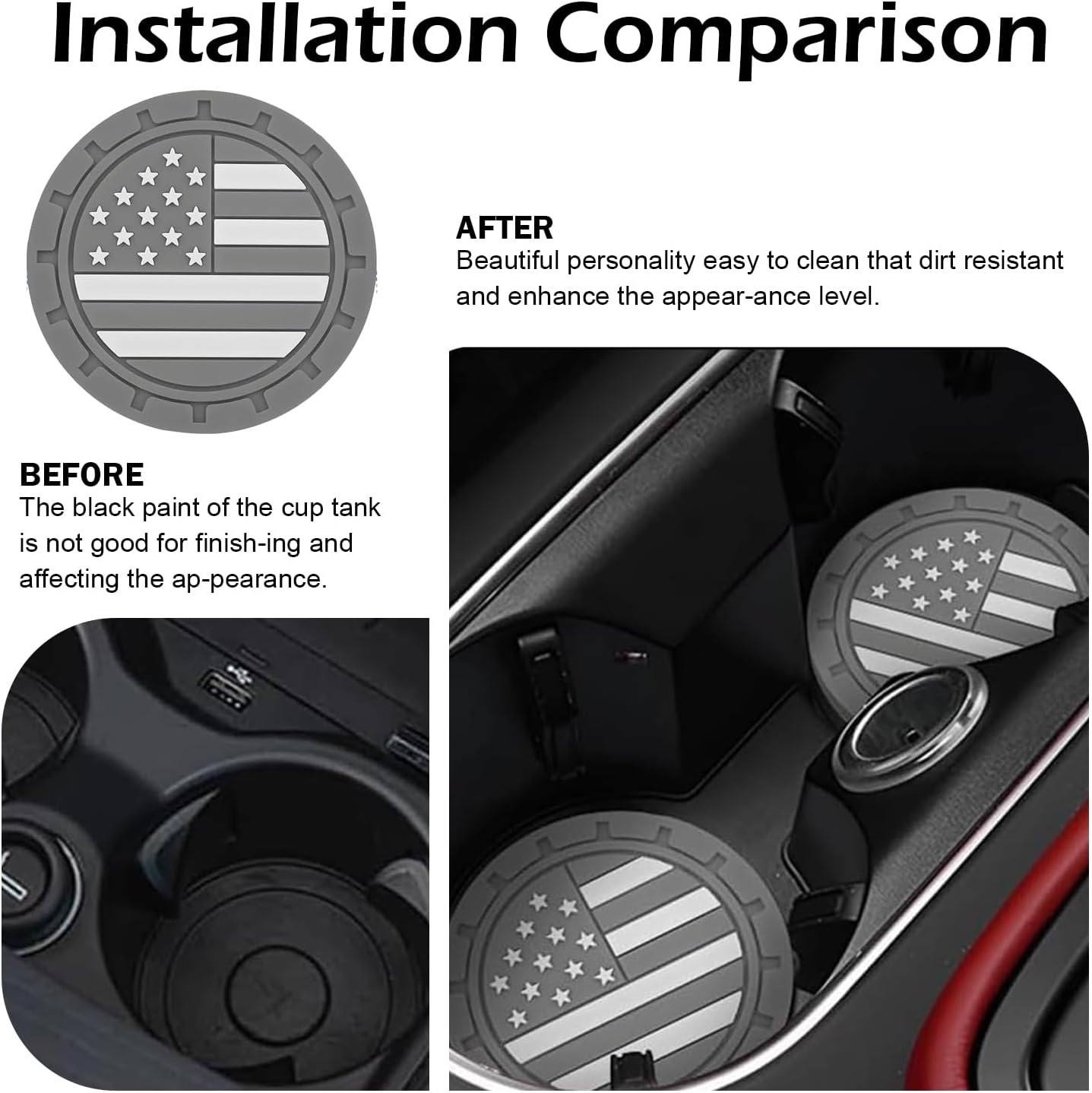4PCS Car Cup Holder Coasters, Silicone Non-Slip Insert Car Cup Coaster, Universal 2.75 Inch American Flag Cups Holder, Auto Interior Decor Accessories, Drink Mat for Women and Man (Gray) image 4