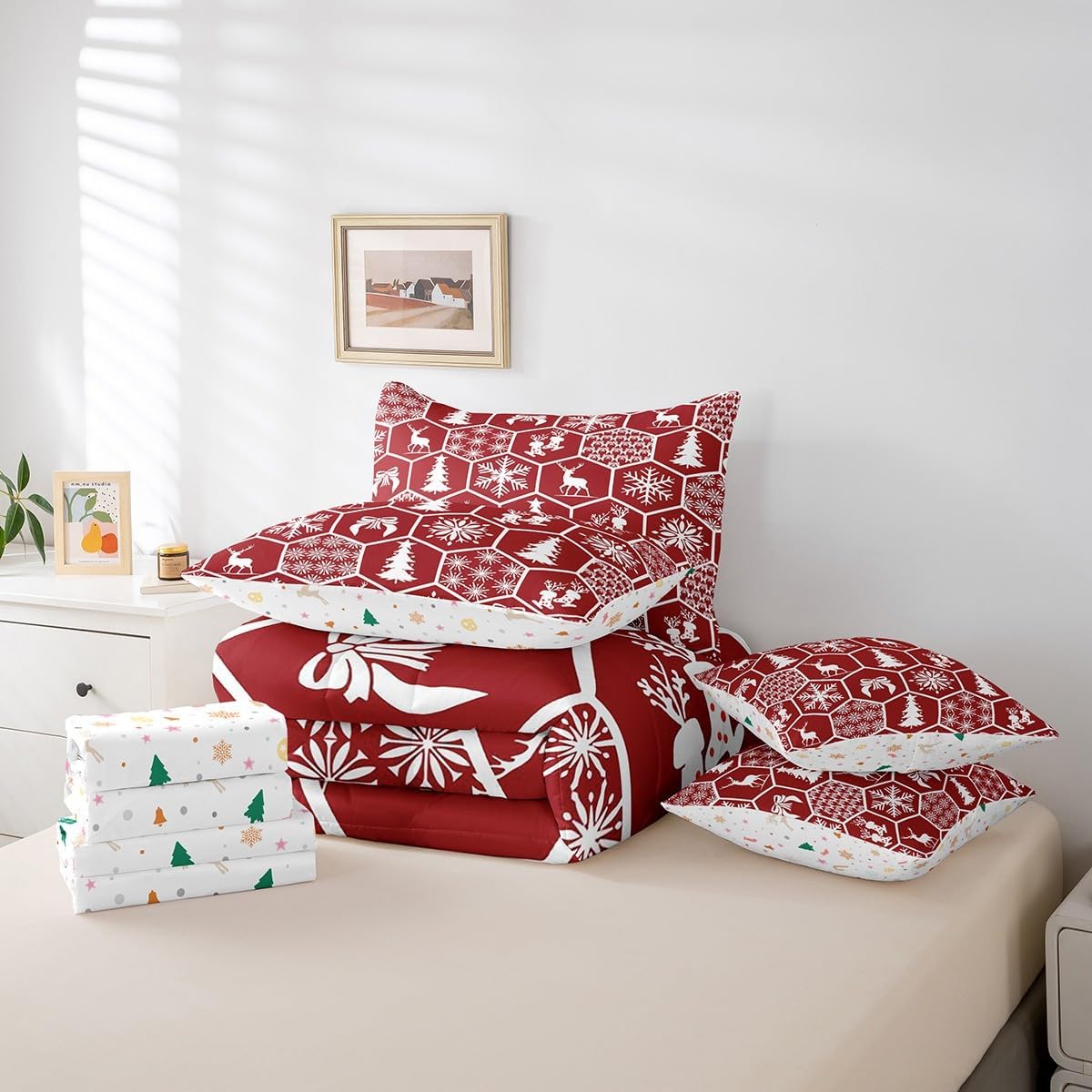 Erosebridal Red Christmas Bedding Set Full,Hexagon Patchwork Comforter Set 7 Pcs,Christmas Tree Snowflakes Bed in a Bag,Deer Wild Animals Xmas Socks Sheet Set Christmas Ornaments