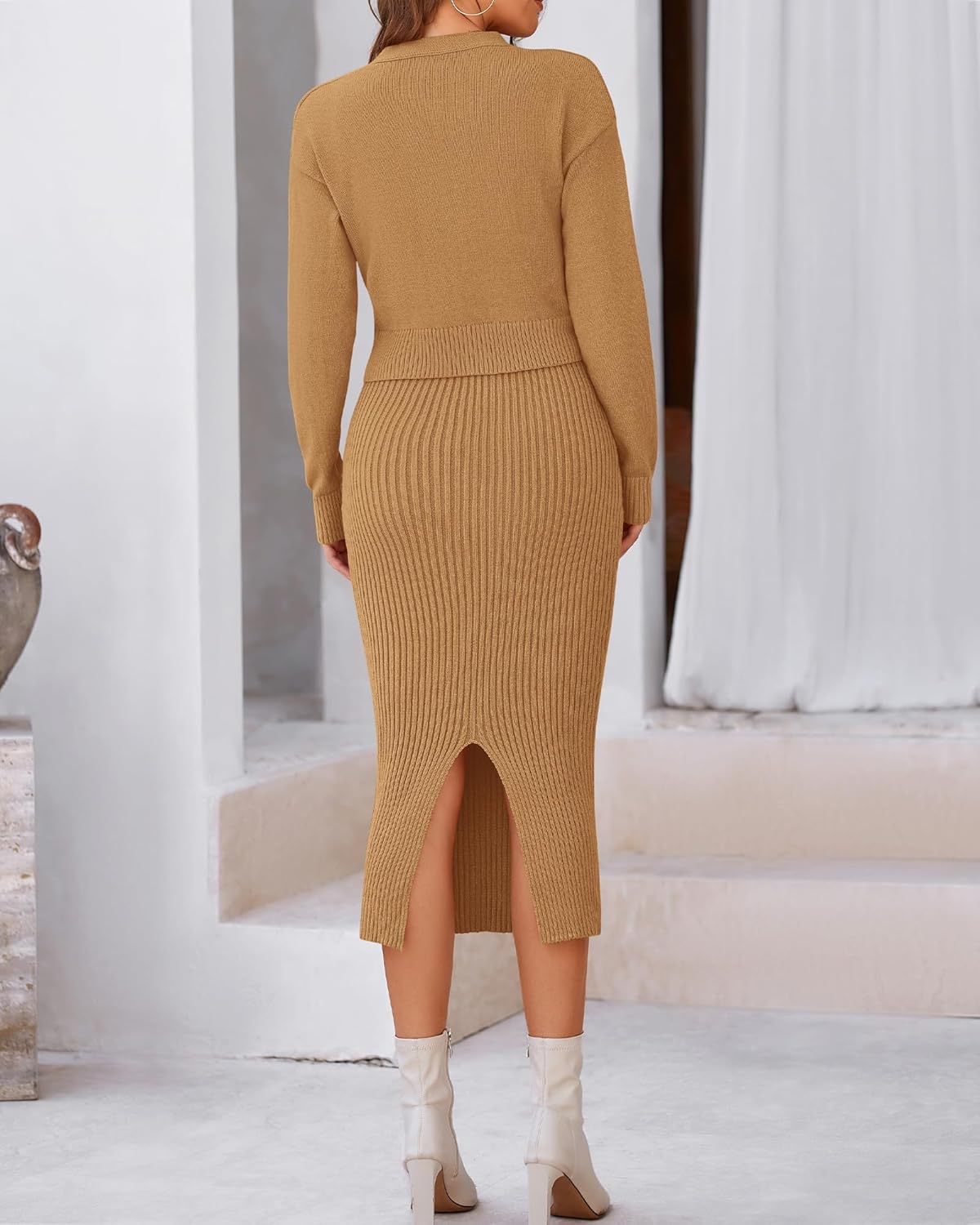 BTFBM Women Fall Knit Sweater Dress Set Bodycon Slit Midi Dresses Button Down Long Sleeve Cropped Cardigan 2 Piece Sets - Image 4