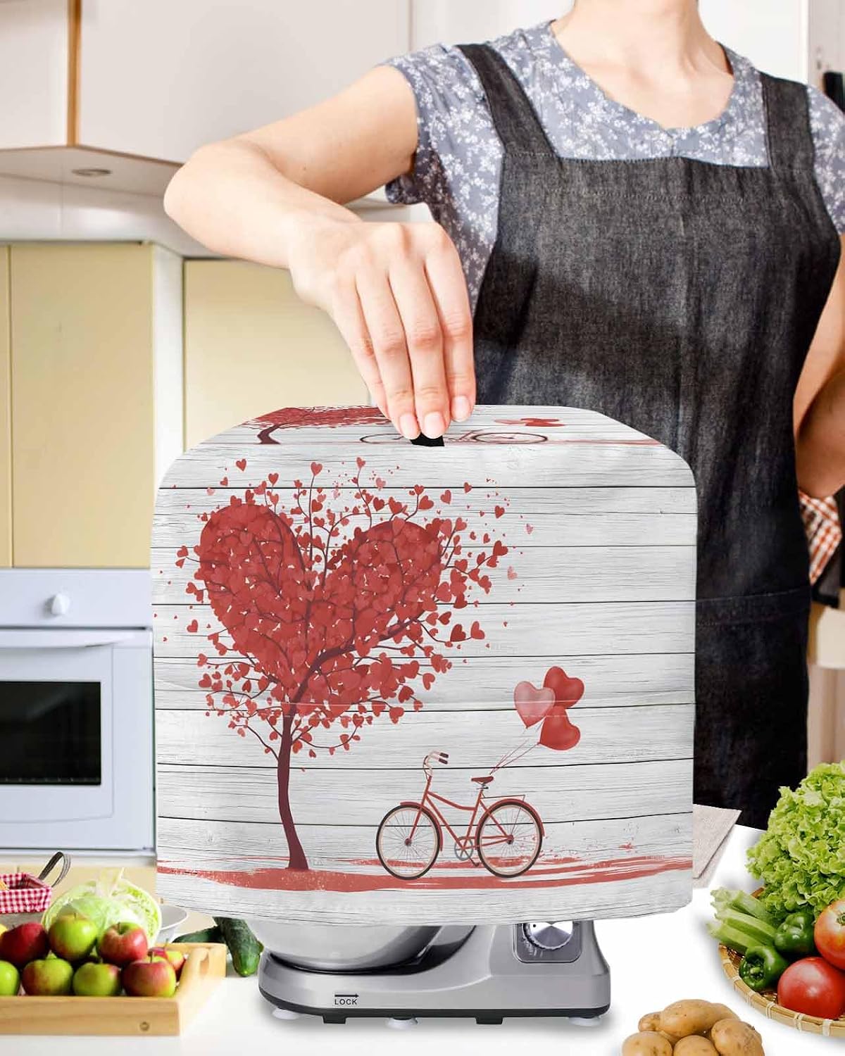Valentine's Day Stand Mixer Cover with Storage Pocket, Waterproof Kitchen Mixer Covers, Red Love Trees Bicycles Balloons Wooden Kitchen Appliance Dust Cover Compatible with 4/4.5 Quart Mixers