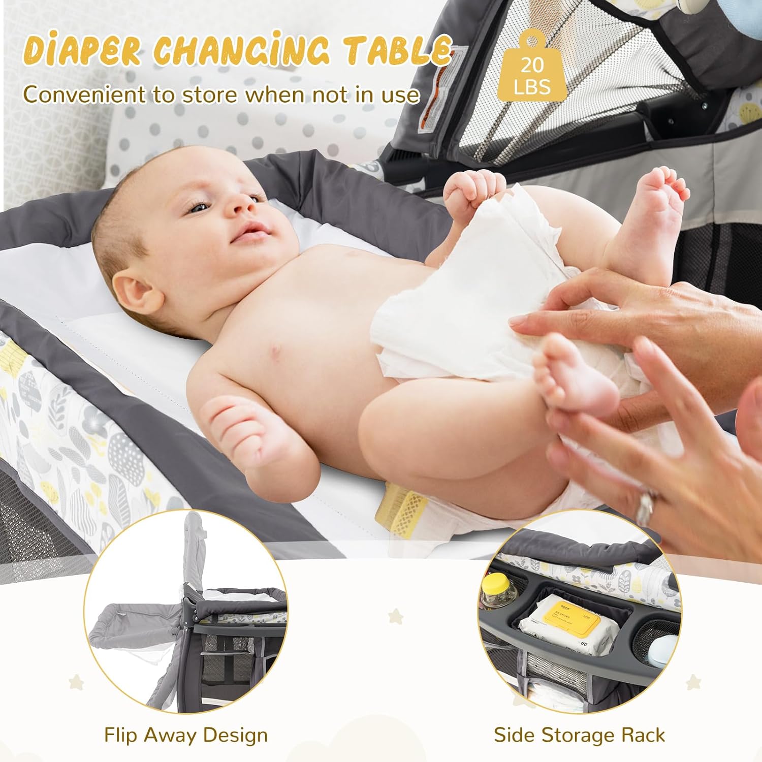 HONEY JOY Pack and Play, 4 in 1 Portable Baby Crib Playpen w/Bassinet, Changing Table, Canopy, Mattress, Music Box, Storage Bag, Foldable Pack and Play Nursery Center for Infant Boys Girls