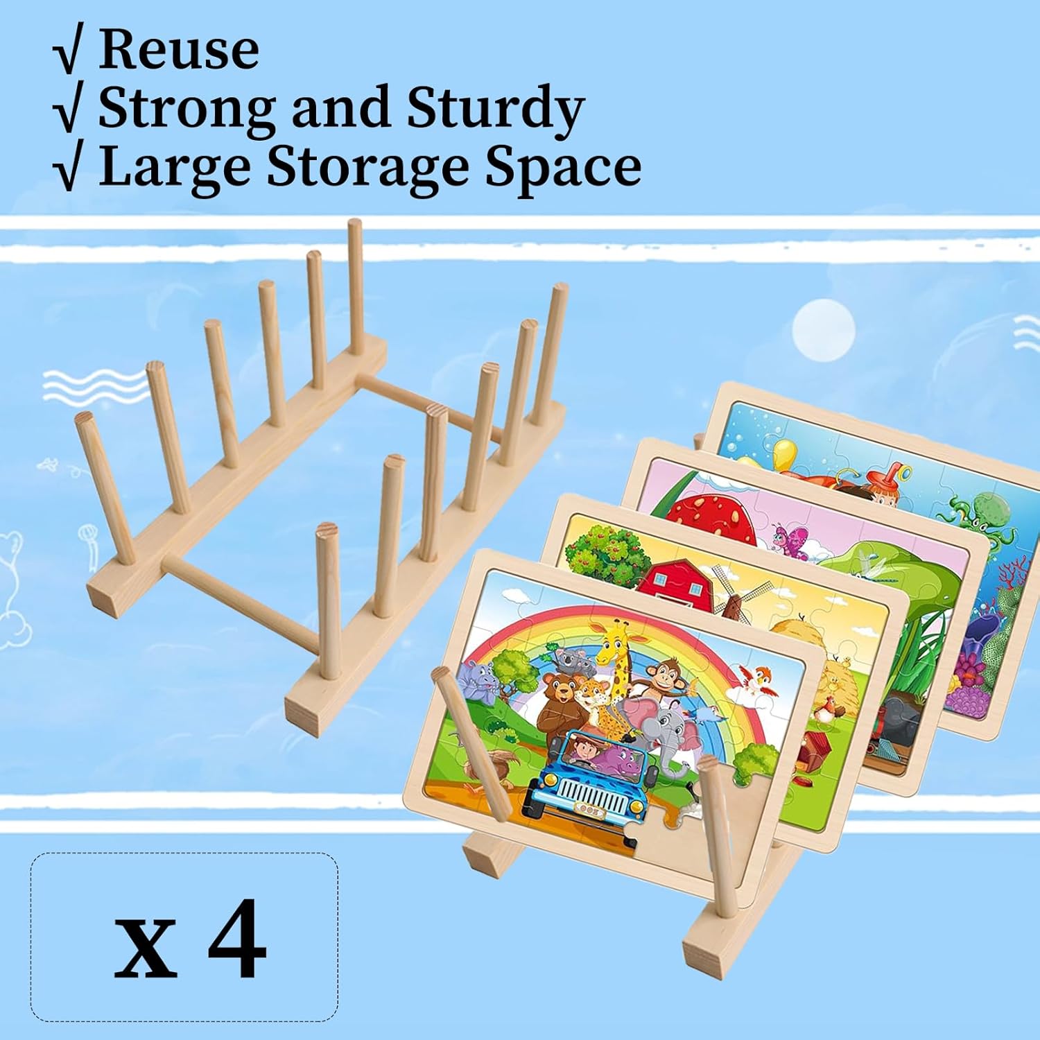 Wooden Puzzle Display Stand, 4 Pack Puzzle Rack Organizer, Bamboo Wooden Dish Rack Plates Holder Bottle Drying Rack, Kitchen Cabinet Organizer for Dishes, Plates, Bowls, Cups, Pot Lids, Cutting Boards