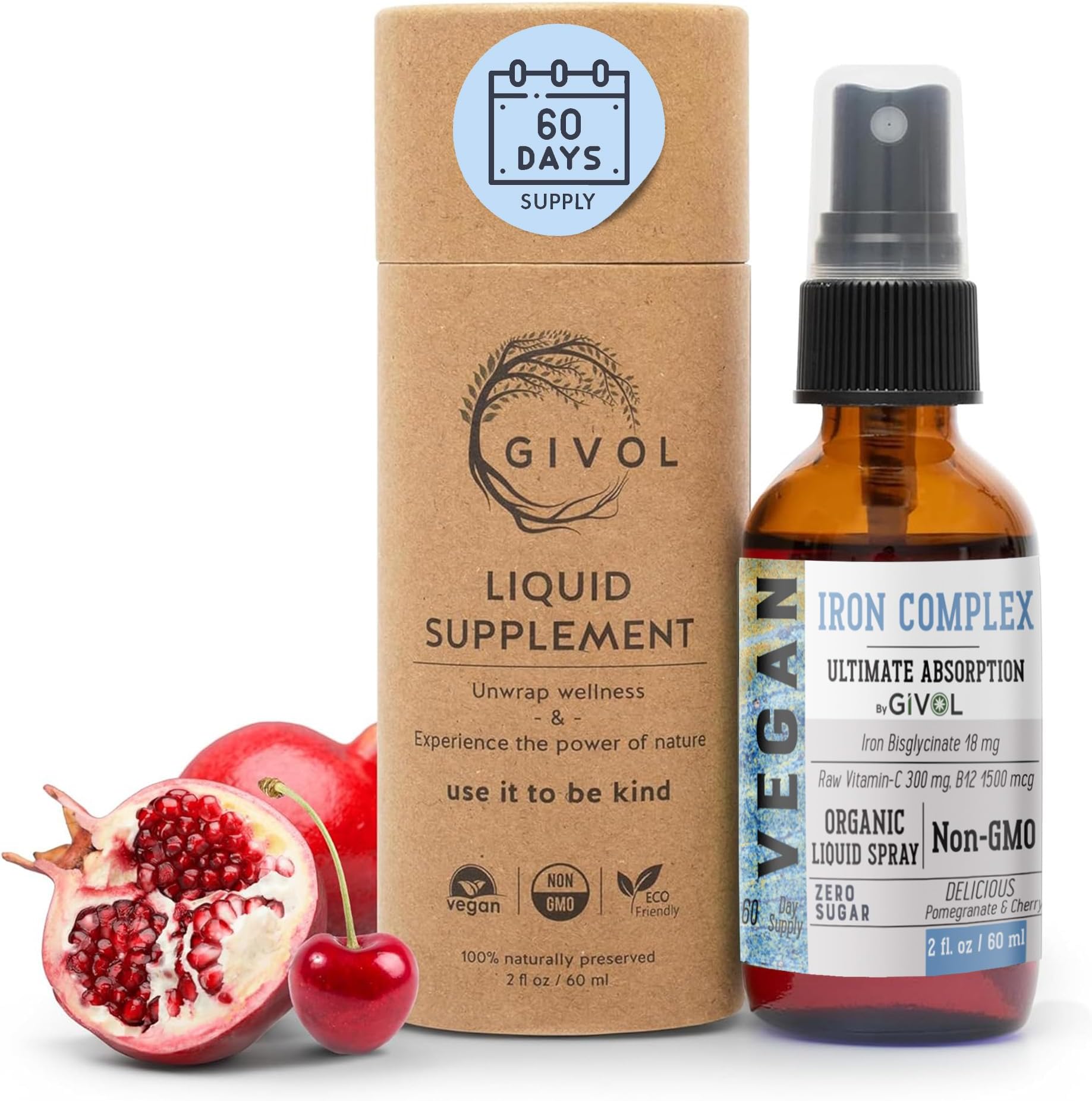 Iron Supplement - 18mg Bisglycinate Complex with Vitamin C & B12, Liquid Spray, Easy Absorption - Non-GMO, Sugar-Free, 2 Fl Oz (60 ml) - 60 Days Supply