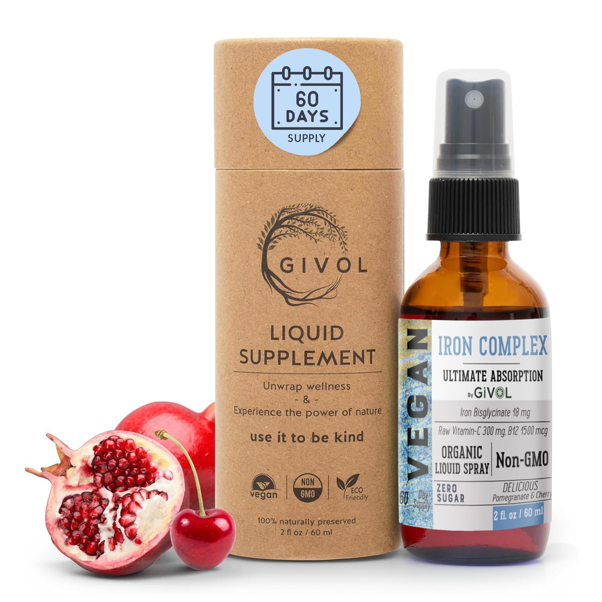 Iron Supplement - 18mg Bisglycinate Complex with Vitamin C & B12 for Energy & Immunity Boost, Vegan Liquid Spray, Optimal Absorption - Non-GMO, Sugar-Free, (60 ml) 60 Days Supply