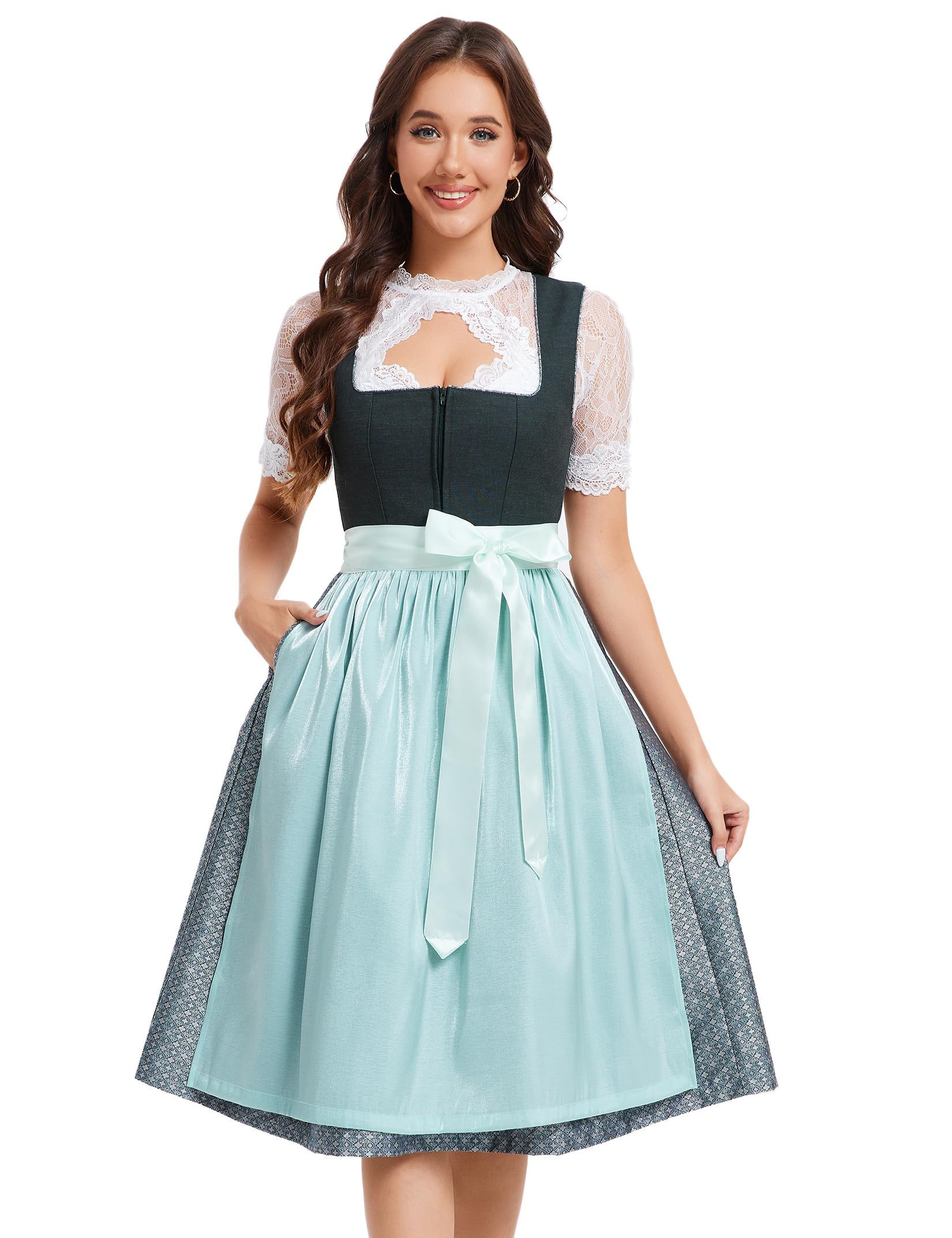 YesFashion Dirndl Damen Midi Trachtenkleid Jacquar Trachtenmode Dirndlkleid inkl. Dirndlbluse Dirndlschürze 3 teilig für Oktoberfest Besondere Anlässe