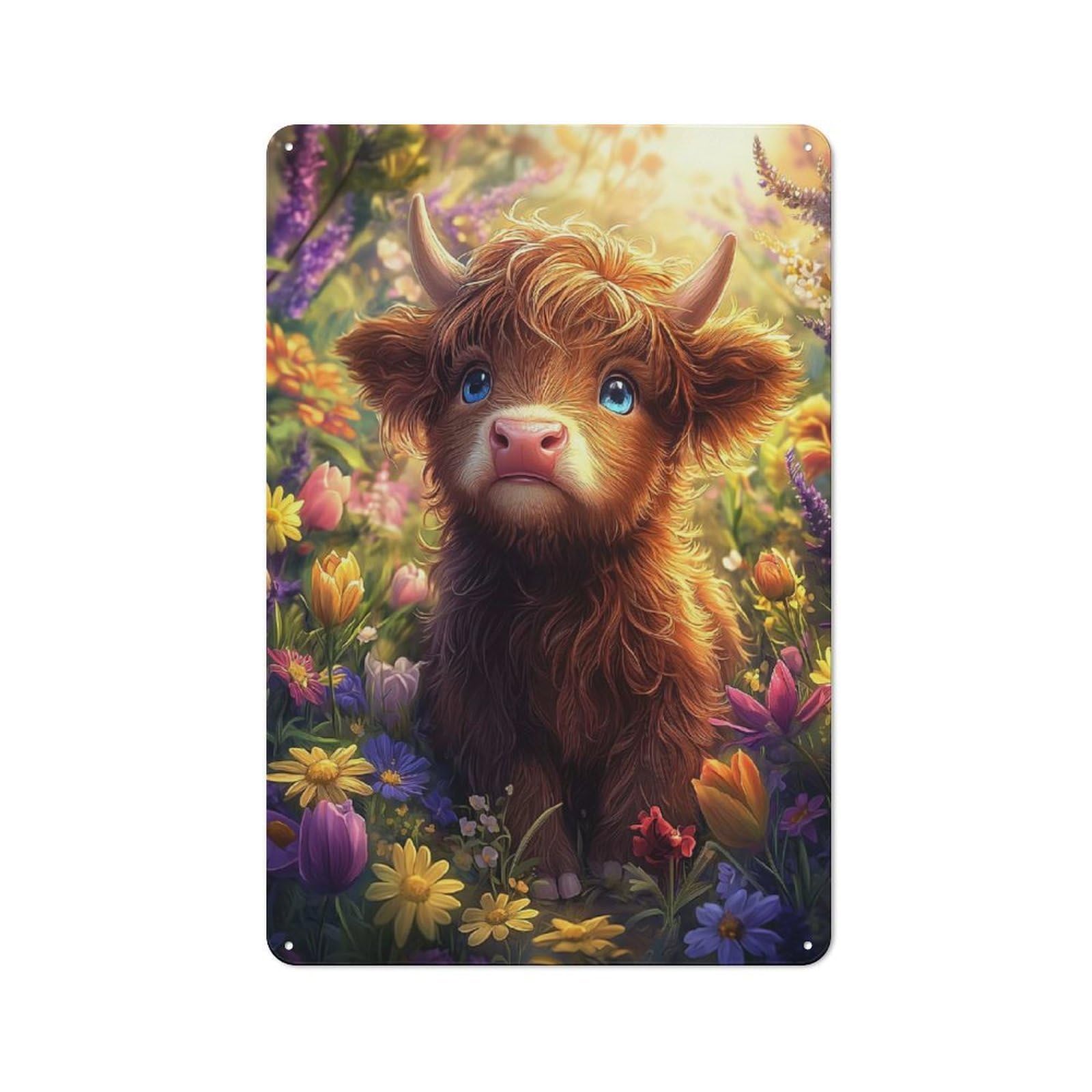 Junmoney Style Highland Calf In Flowers Rustic Metal Plaque 30X20cm For Café Or Restaurant, Wall Decor For People Reorganising Café And Restaurant
