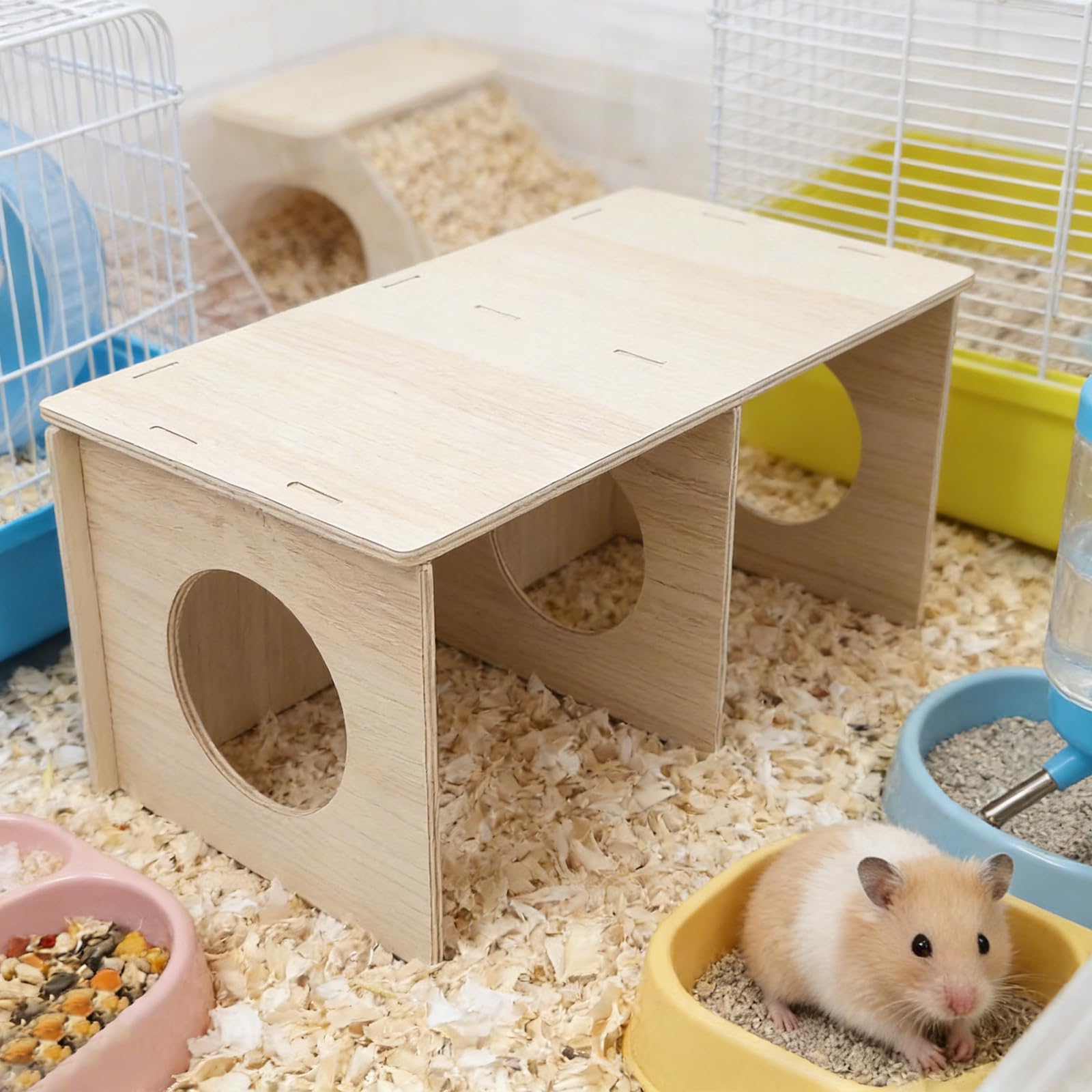 Hamster Haus Aus Holz, Mehrkammernhaus aus Massivholz für Hamster, 2-Zimmer Wasserfest Hamsterhaus mit abnehmbarem Dach, Hamsterversteck und Spielhaus für Zwerghamster, Goldhamster und Kleintiere (-L)