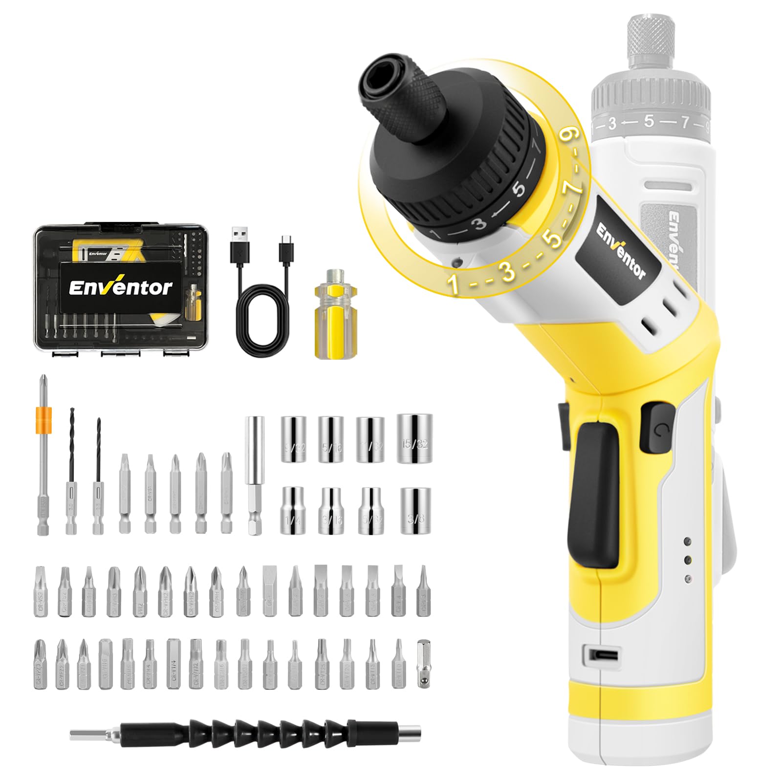 EnventorElectric Screwdriver Set, 4V Cordless Power Screwdriver Kit with 52pcs Accessories, 2000mAh Battery, Type-C Charging, 4.5Nm Screw Gun, 9+1 Torque Setting, 2 Position Handle, LED & Flashlight