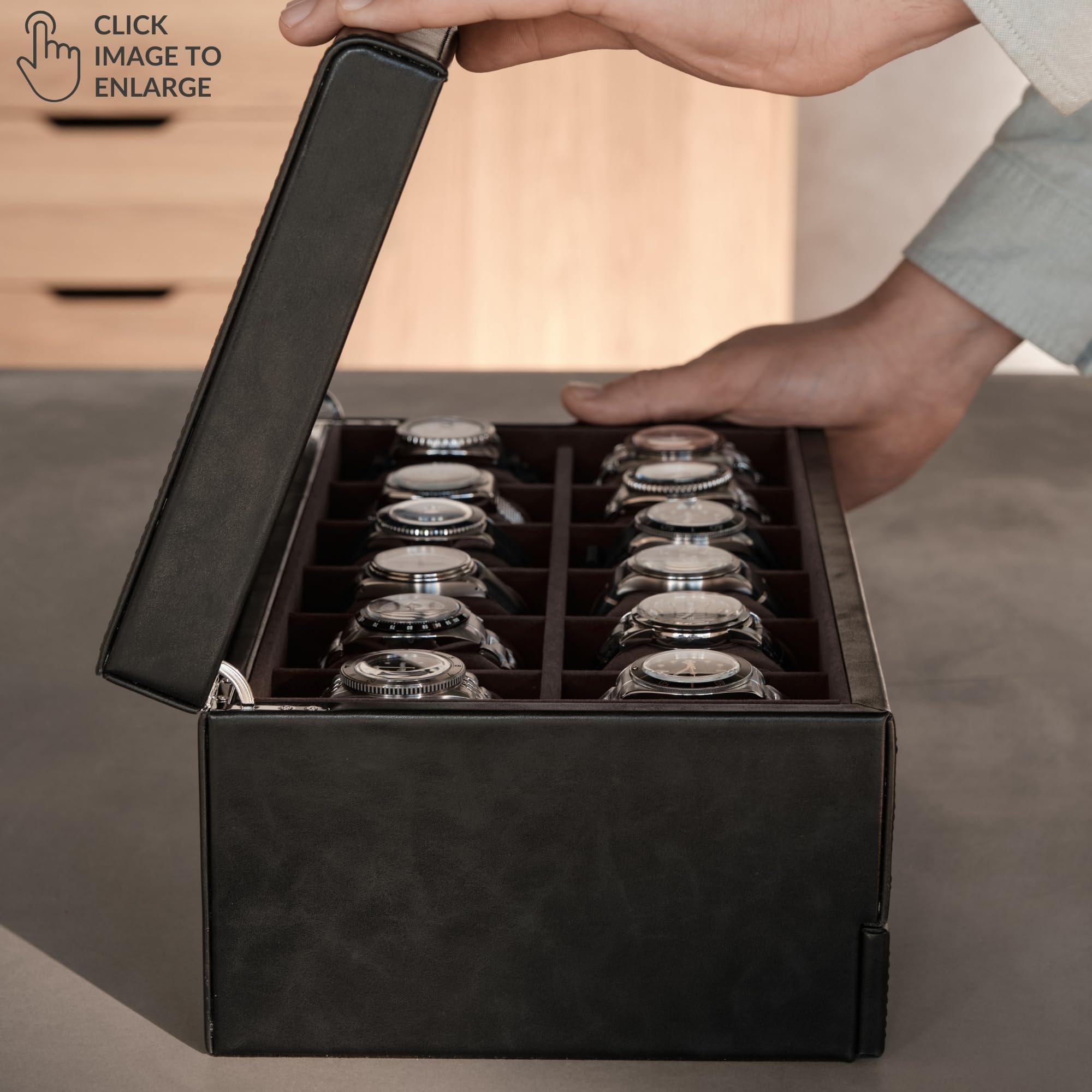 TAWBURY Caja de reloj de 12 ranuras con cajón de almacenamiento, caja de reloj de piel sintética negra de alta calidad para hombre, fácil apertura con una sola mano, interior de terciopelo de felpa