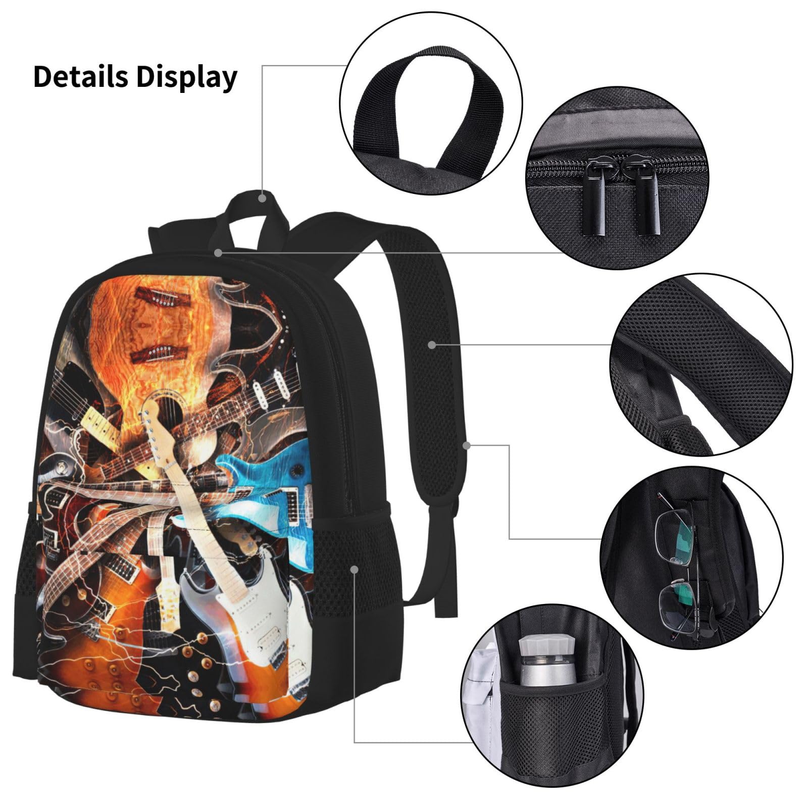Juego de 3 mochilas escolares con estampado de guitarra musical, mochila para laptop resistente al agua de gran capacidad con bolsa de almuerzo aislada y estuche para lápices para adolescentes