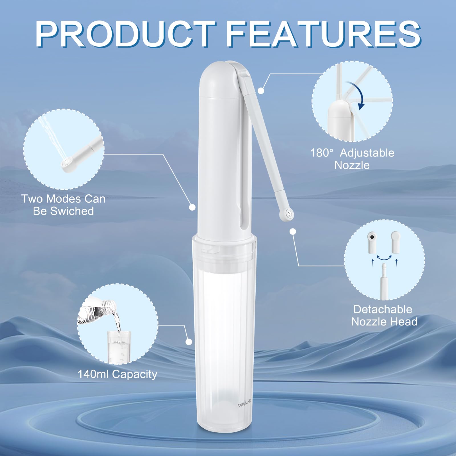 Bidet portatile leggero da viaggio, ugello regolabile a 180°, modalità forte/morbido, impermeabile IPX6, 140 ml alimentato a batteria per musulmani, donne, dopo il parto, neonati e adulti