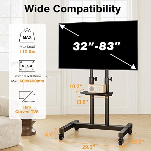 Miniatura 8 de Soporte de TV móvil para carrito de TV con ruedas con bloqueo estante ajustable de altura para TV de 32 a 80 pulgadas pantalla plana o curvo monitor