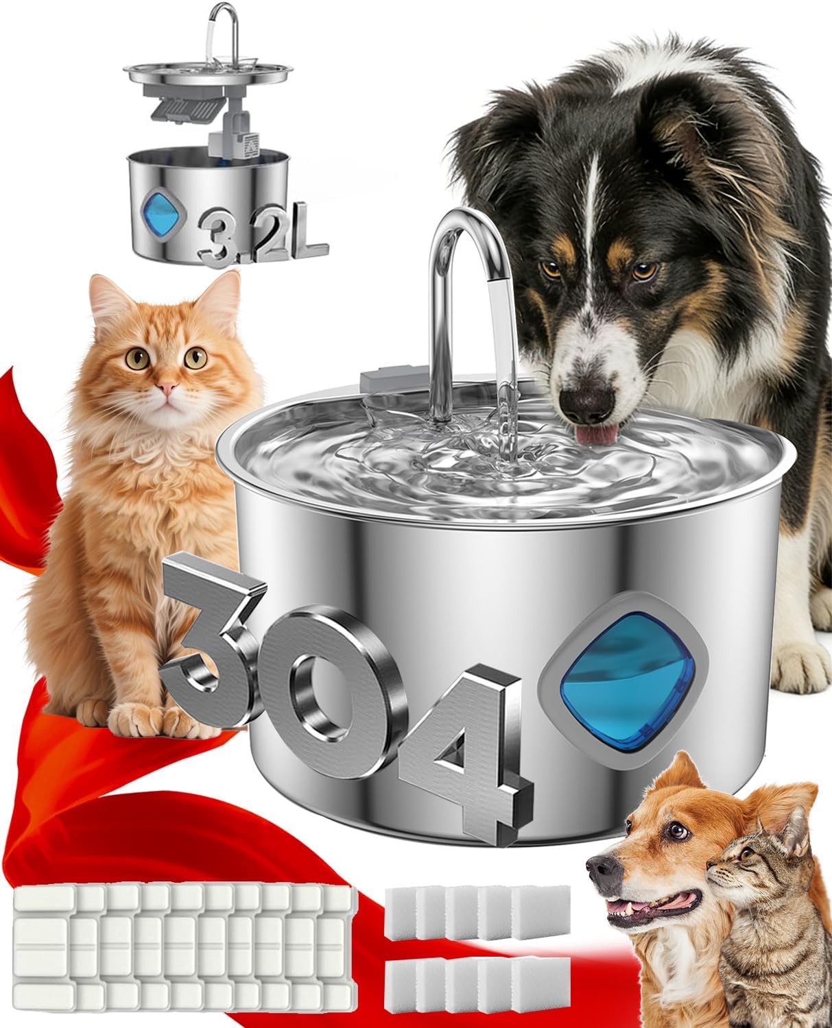 Dog Water Bowl, Stainless Steel Water Bowl, 3.2l/108oz Large Capacity & 4 Filter, Dog Water Fountain Automatic Circulating for Dogs/Cats (Bowl+8 Filter)