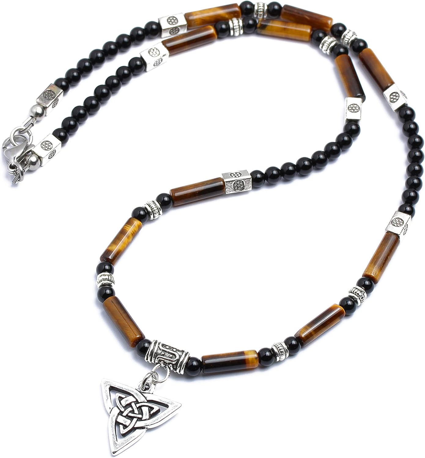 Mami's Gem Studio Handcrafted in USA - Tiger Eye, Black Onyx, Celtic Knot Triquetra Charm Mens Gemstone Necklace