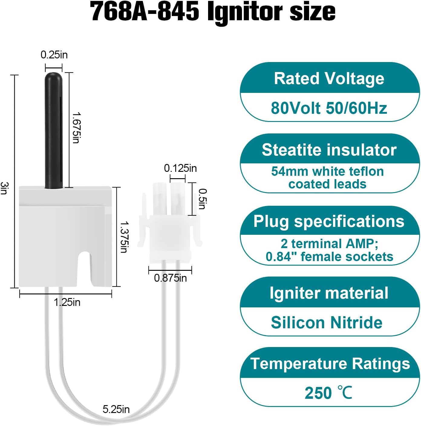 Upgraded 768A-845 Furnace Hot Surface Ignitor Replacement Compatible with Emerson White-Rodgers Trane Silicon Nitride Ignitor, 768A-845 Replace 768A-5 IGN00104 X13130524010 B340970P01