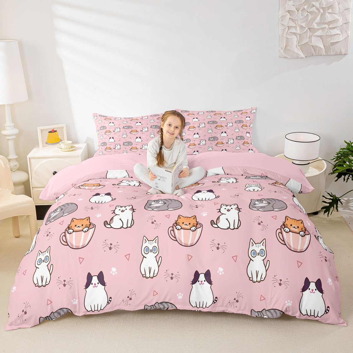 Loussiesd Kreskówkowy kot poszewka na kołdrę super king size zwierzę kreskówka dla chłopców dziewcząt kotek nadruk zestaw pościeli 3 szt. kawaii dekoracja pokoju oddychająca miękka lekka mikrofibra