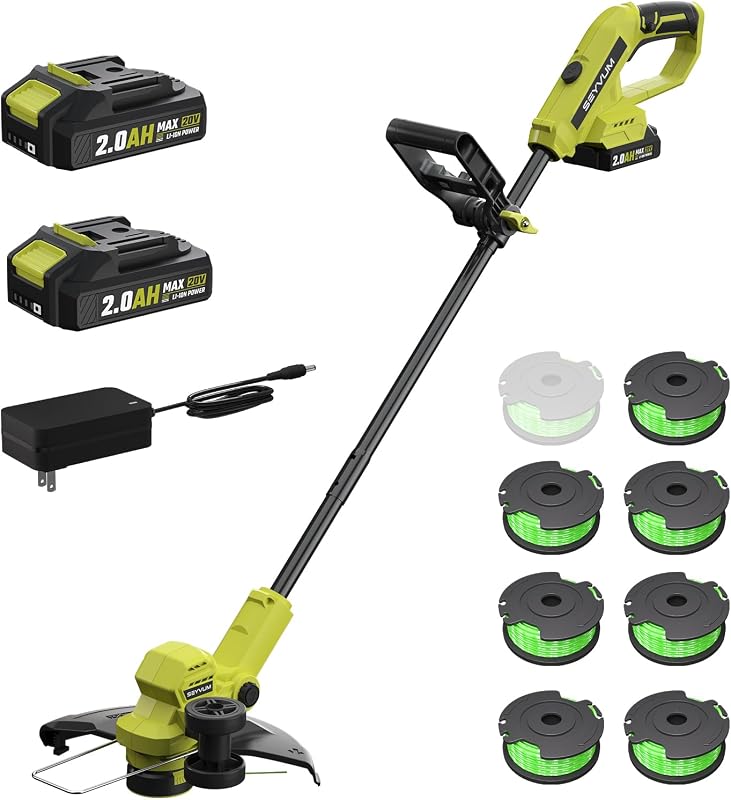 String Trimmer, 20V 12-inch Cordless Weed Wacker with Auto Line Feed, 2 X 2.0Ah Battery Powered Lawn Edger with 8 Pcs Grass Cutter Spool Line, Fast Charger Included