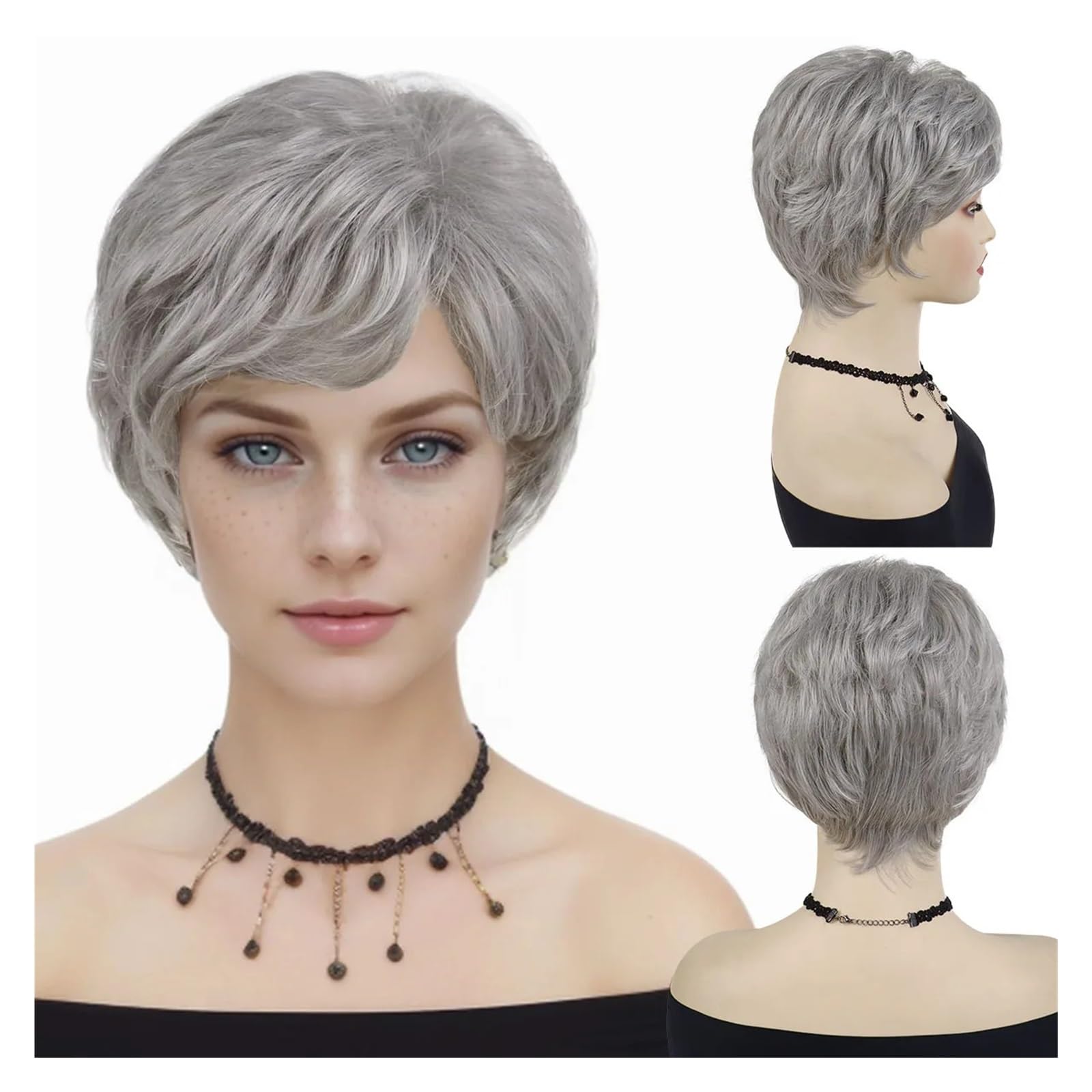 1 szt. Krótkie peruki syntetyczne dla kobiet srebrnoszare włosy pełna peruka z grzywką naturalny styl mama starsza pani kostium Cosplay